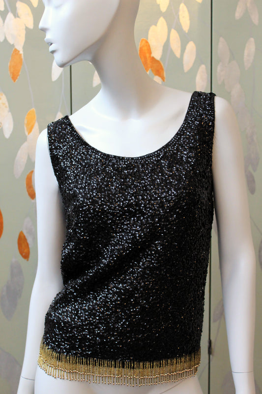 Vintage 1960s Black Sequin and Beaded Fringe Shimmy Top, Medium