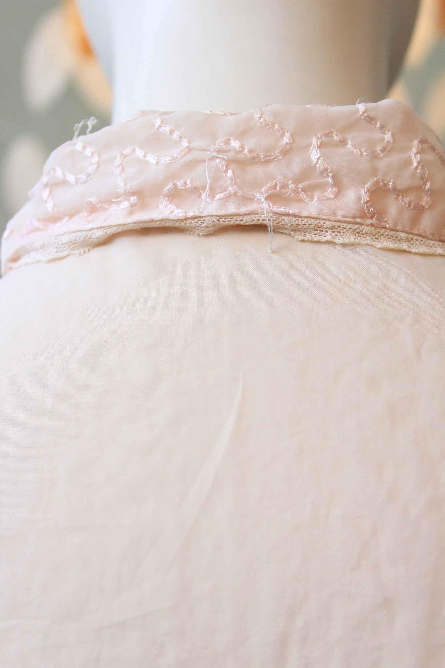 Vintage 1950s Light Pink Nylon Short Sleeve Blouse With Embroidered Yoke, XS