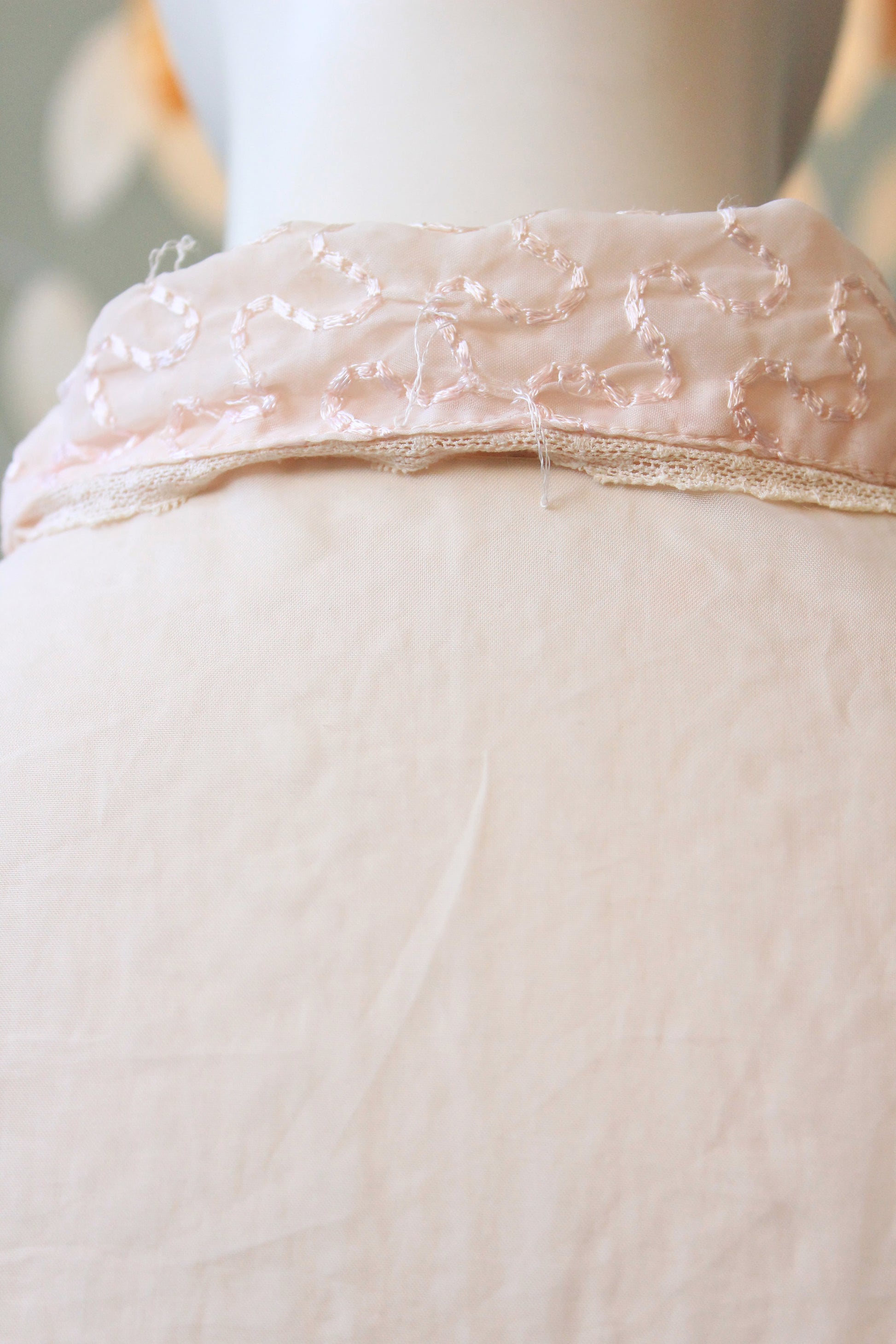 Vintage 1950s Light Pink Nylon Short Sleeve Blouse With Embroidered Yoke, XS