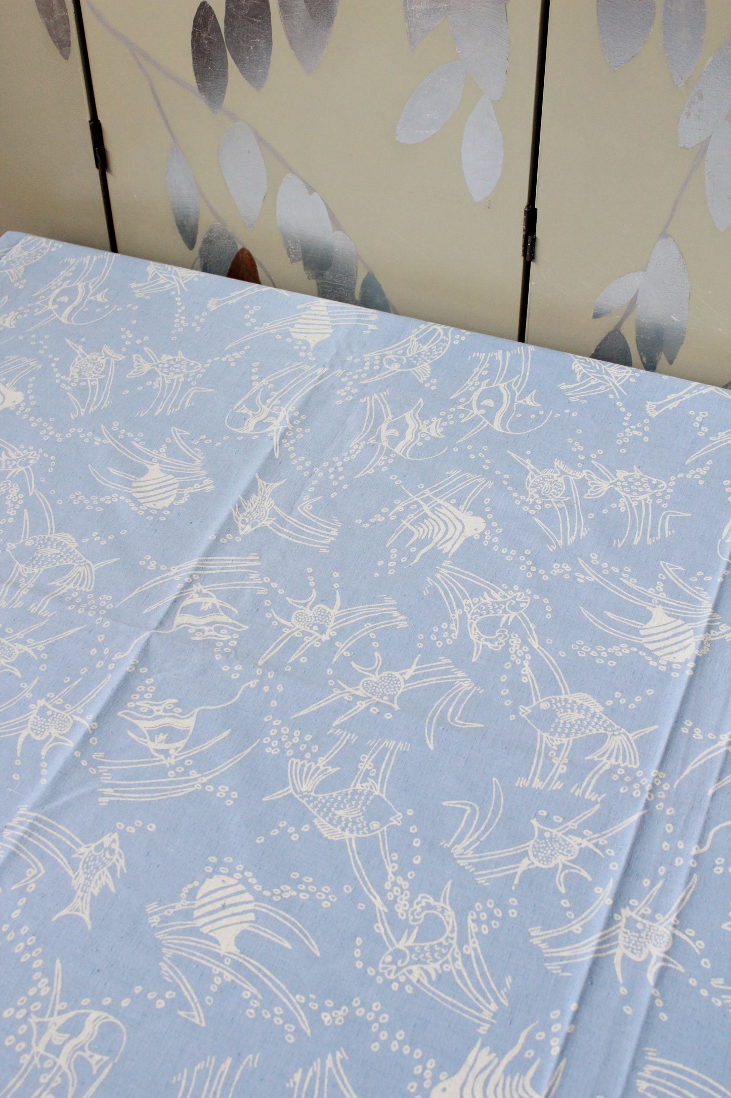 Vintage 1960s Light Blue Nautical Fish Cotton Fabric, 3 Yards