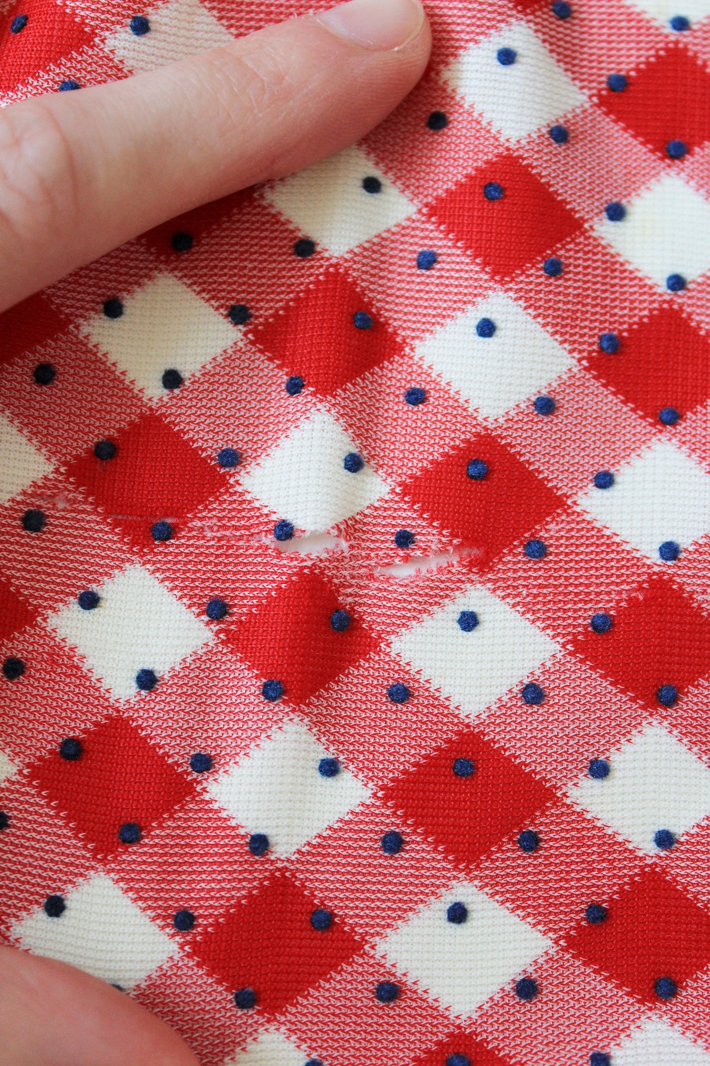 1960s Red And White Checkered Plaid With Blue Polka Dots Nylon Vintage Print Fabric, 3.8 Yards