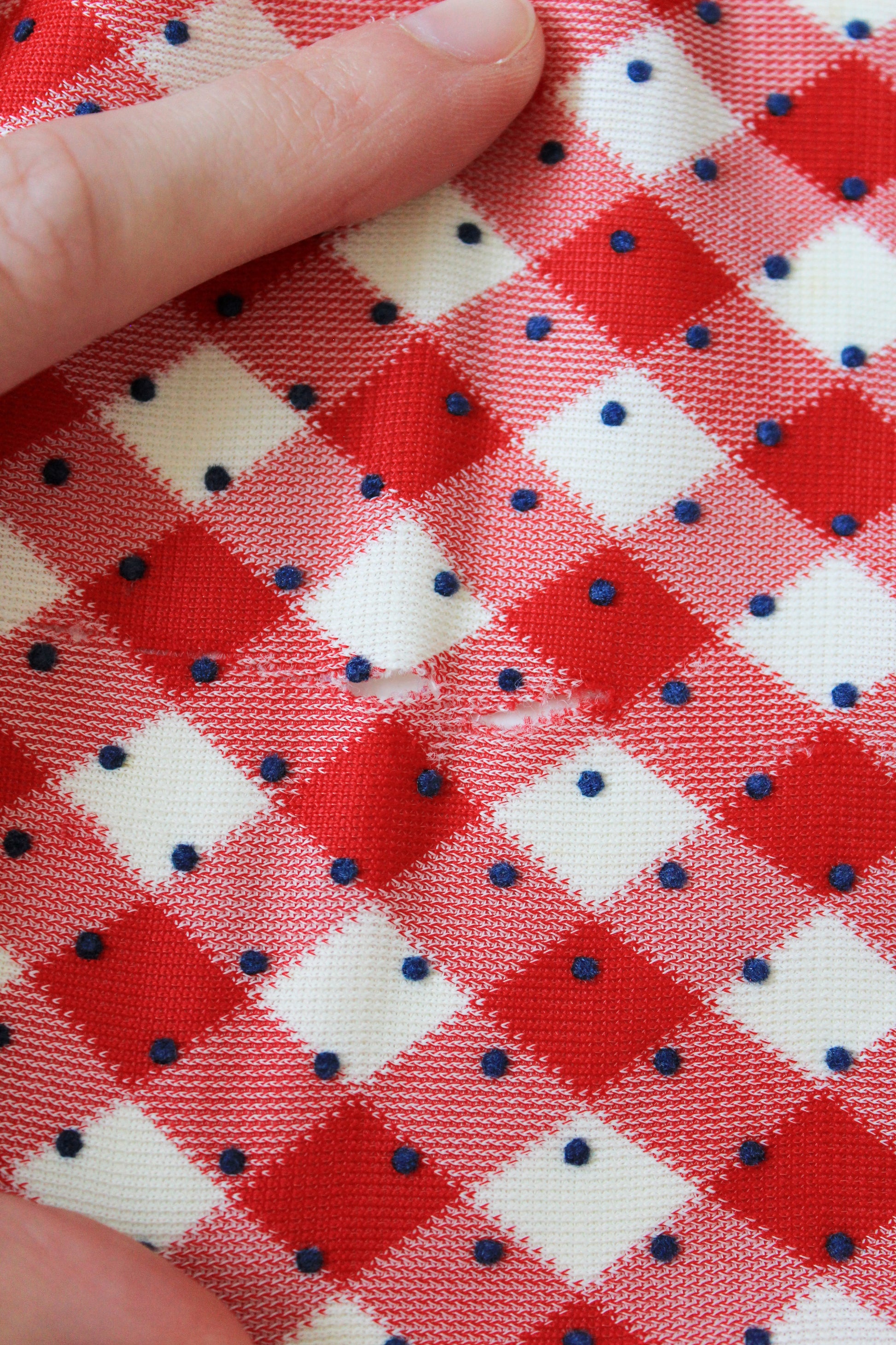 1960s Red And White Checkered Plaid With Blue Polka Dots Nylon Vintage Print Fabric, 3.8 Yards
