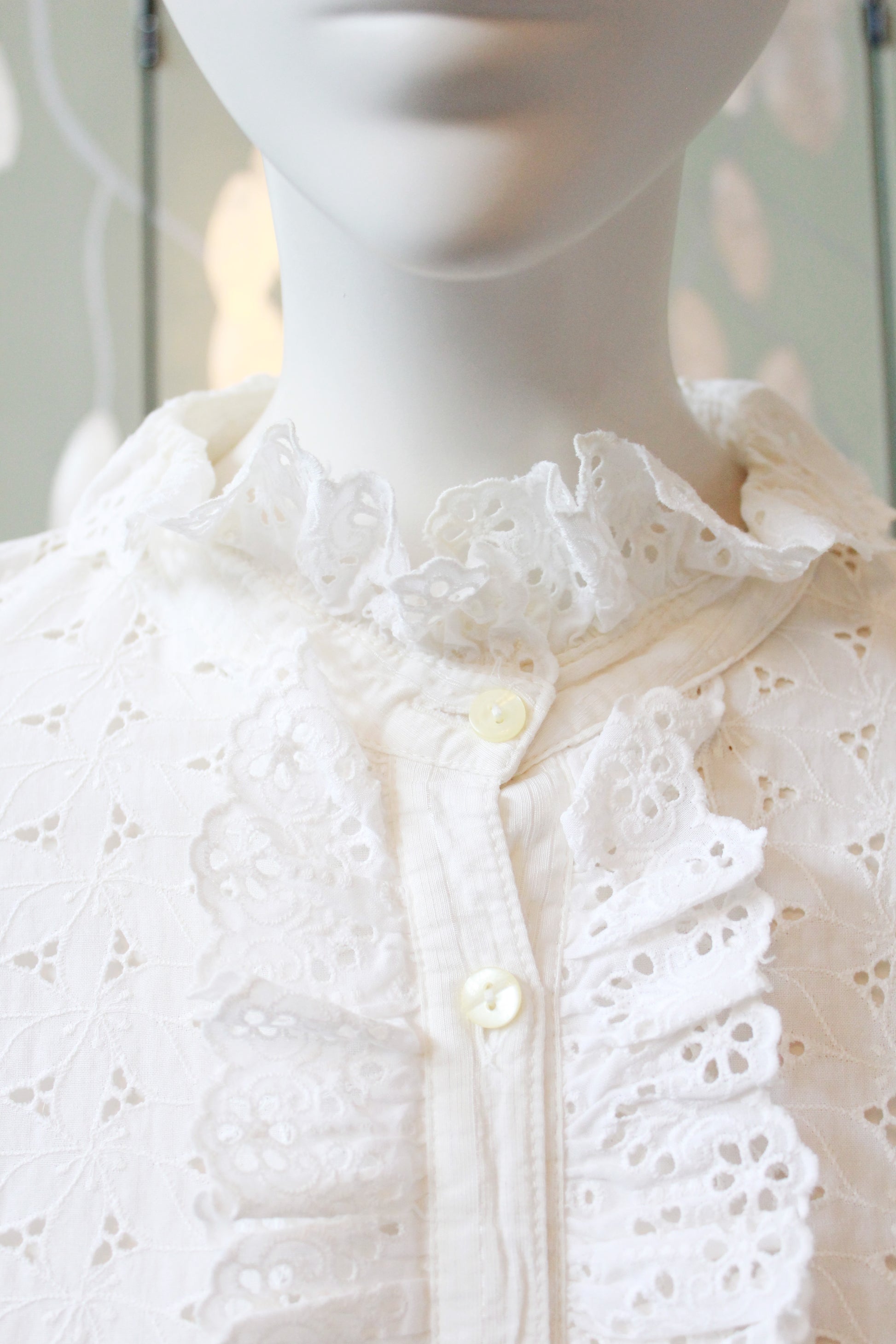 1990s Long Sleeve Blouse With Oversized Ruffle Broderie Yoke, XL