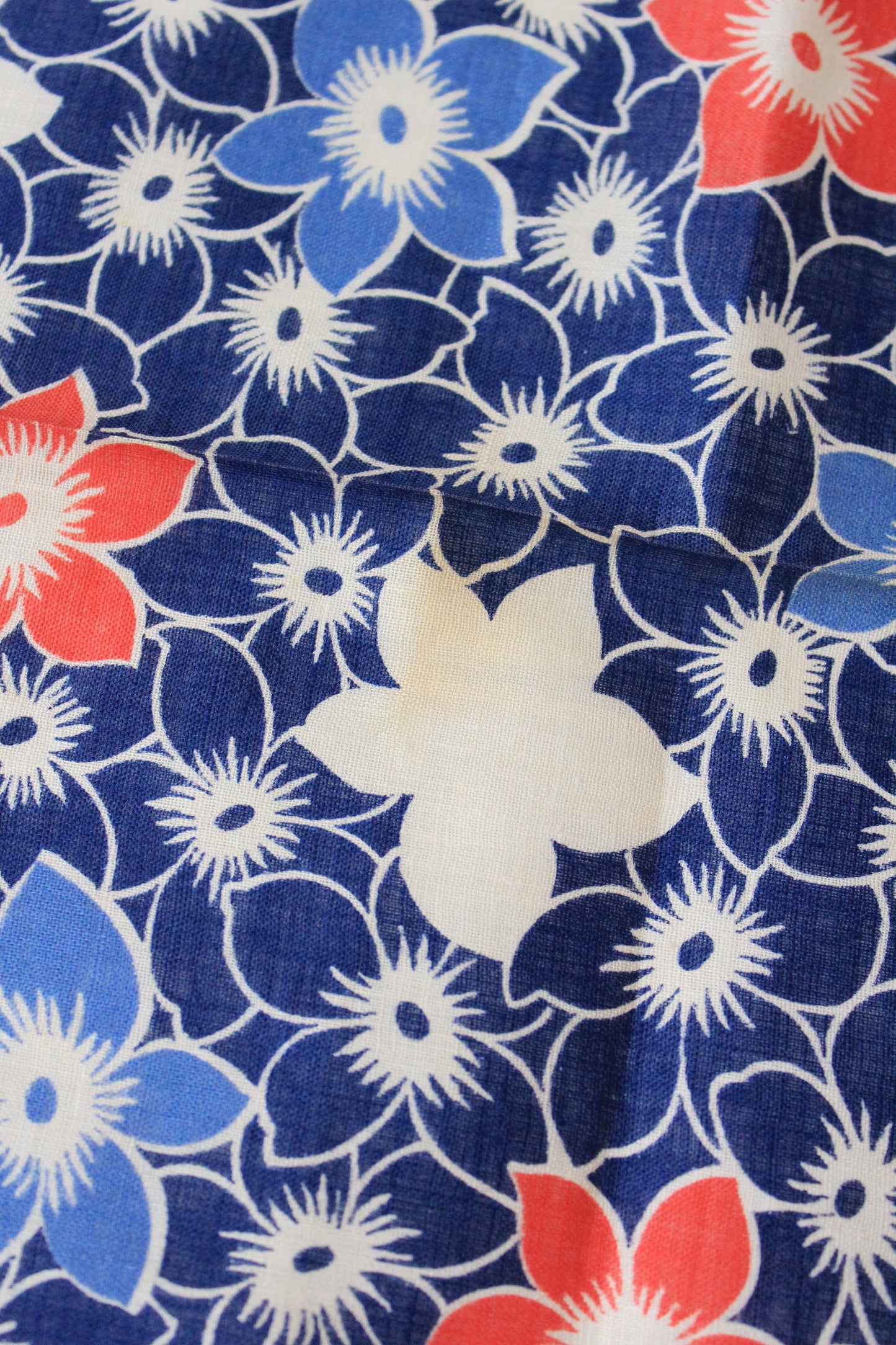 1940s Blue/White/Orange Repeating Flower Cotton Fabric, 6.75 Yards