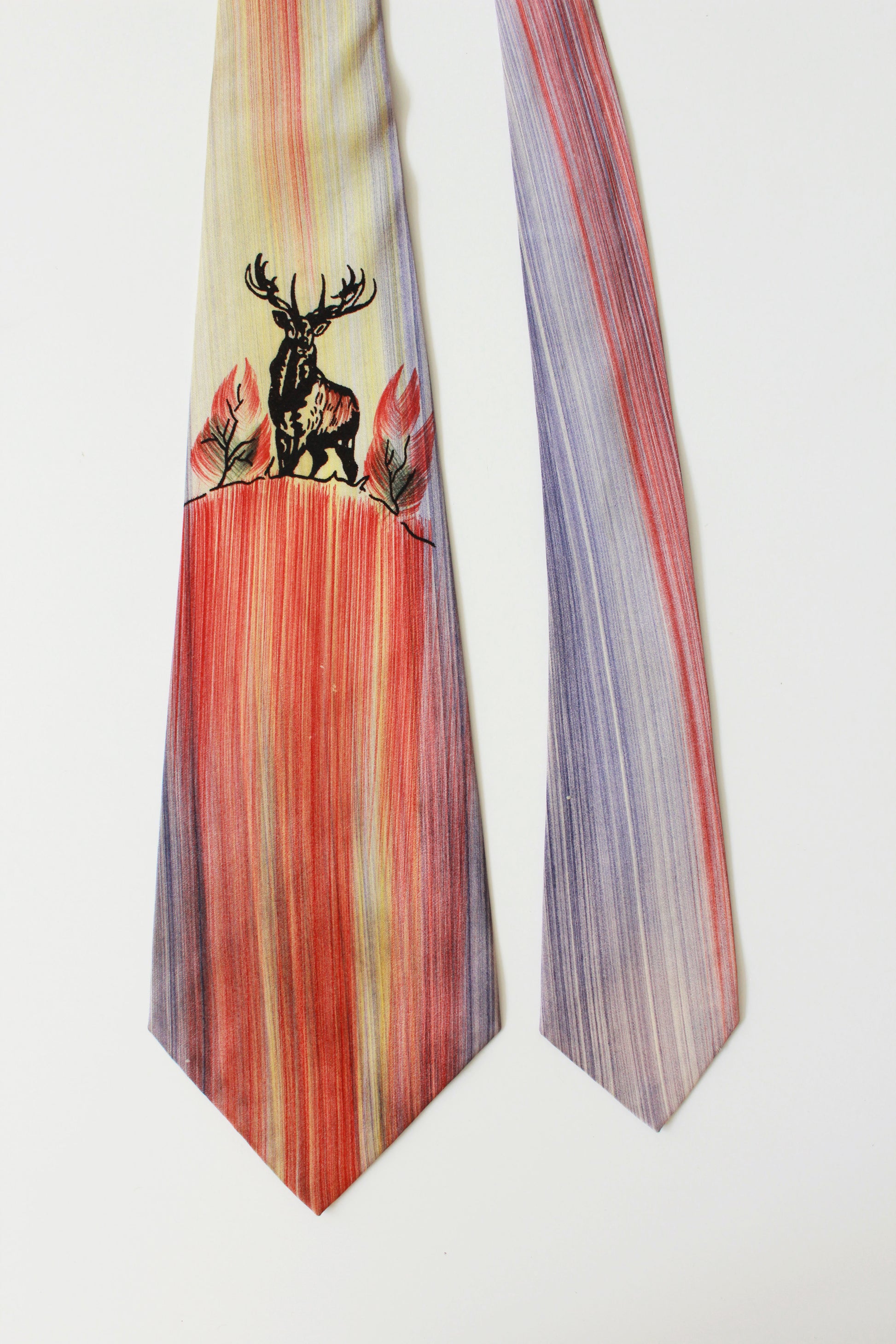 Vintage 1950s Hand Painted Deer In A Sunset Tie, Rayon Mid Century Tie