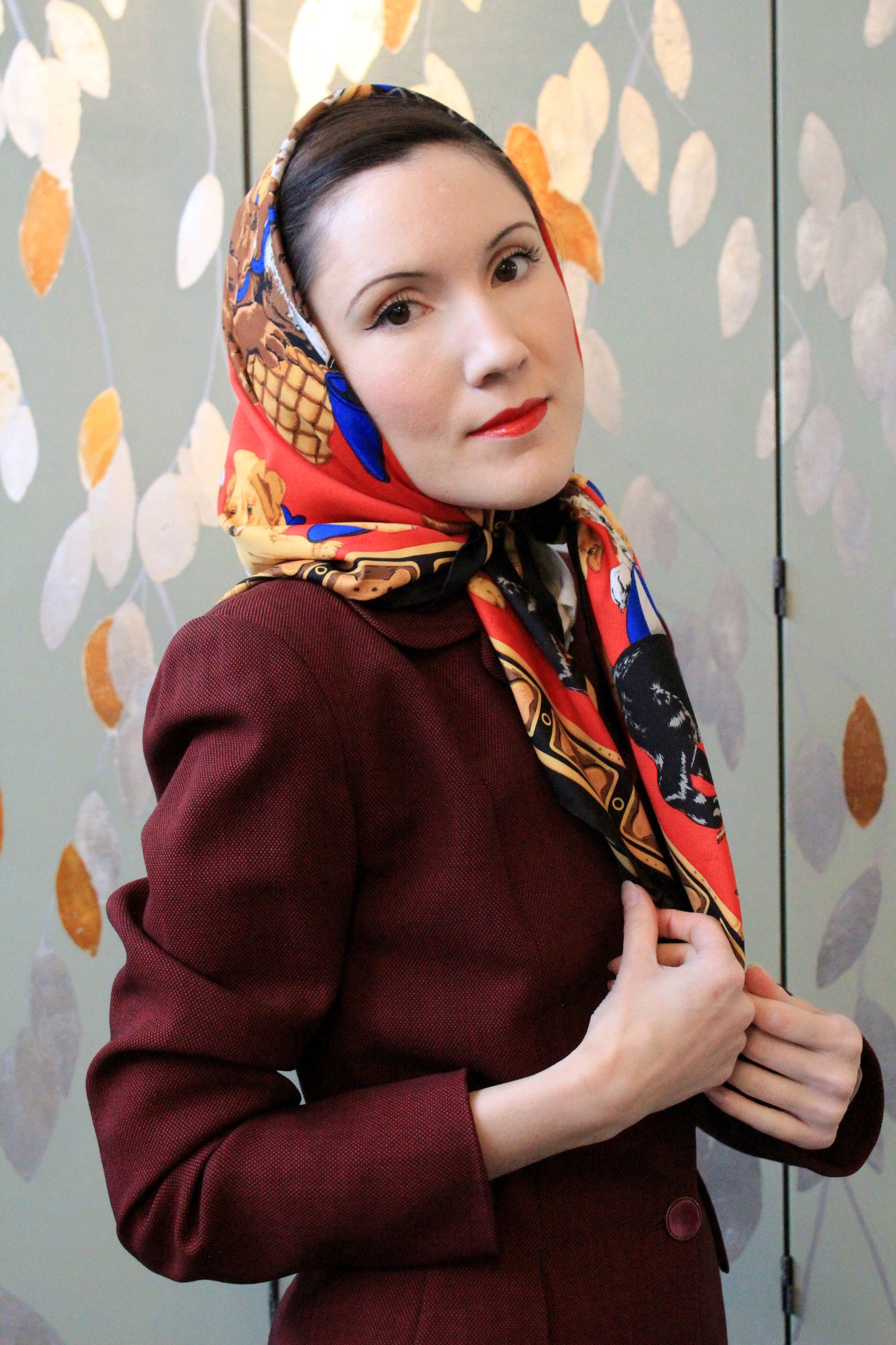 Elegant Red and Gold Puppies In A Basket Silk Scarf