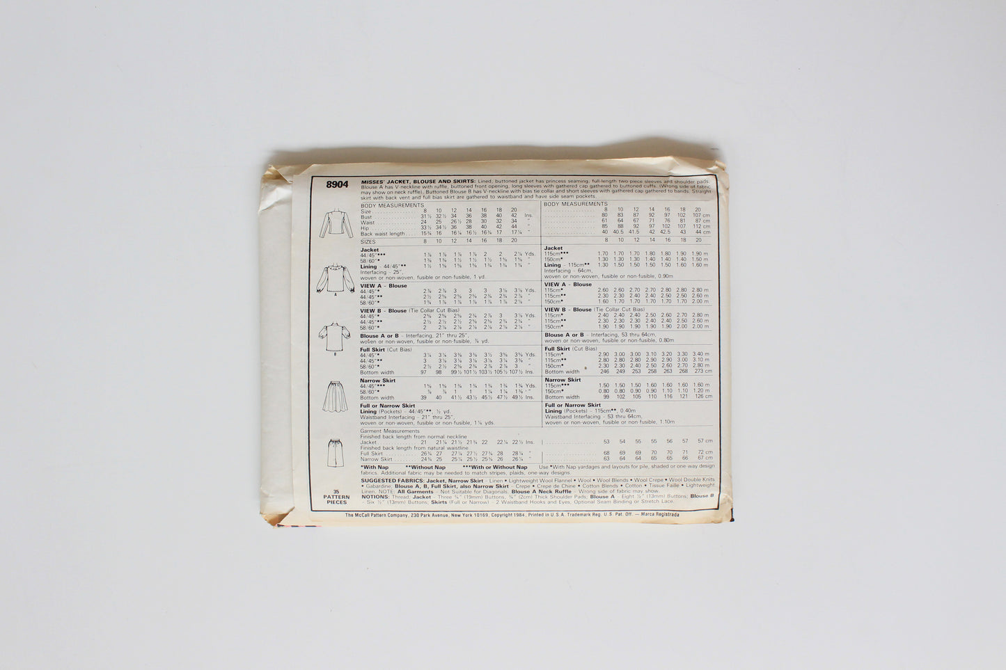 1980s Misses Jacket, Blouse And Skirt McCalls 8904 Sewing Pattern,  Uncut Size 8