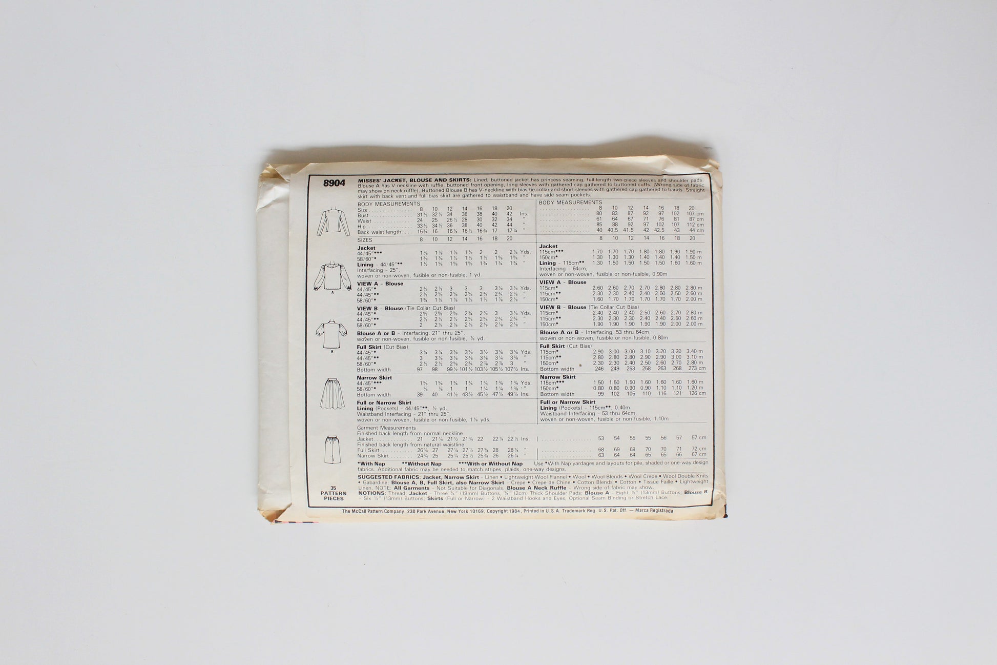 1980s Misses Jacket, Blouse And Skirt McCalls 8904 Sewing Pattern,  Uncut Size 8