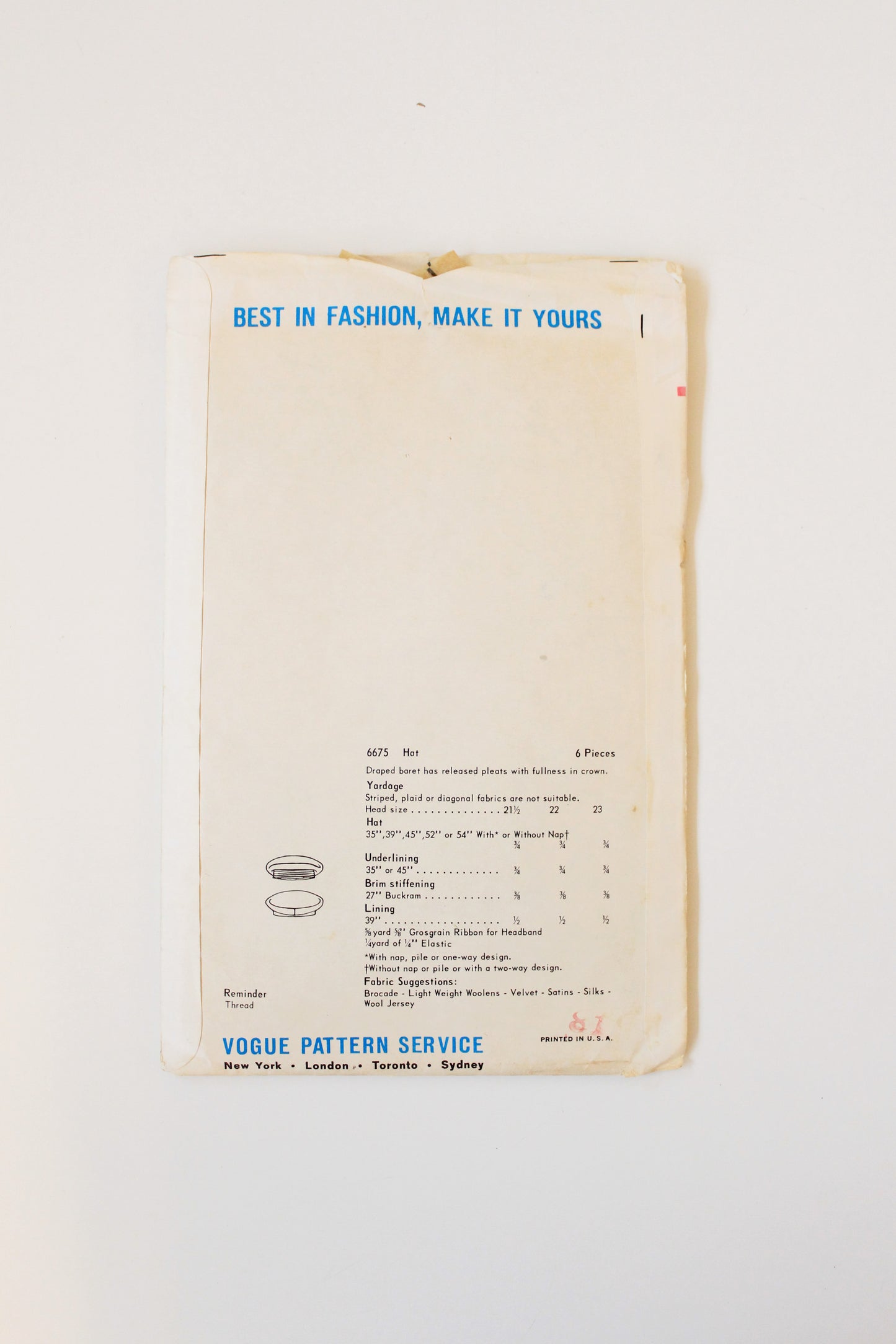 1960s Draped Beret Hat Vogue 6675 Sewing Pattern, Sally Vielon , Cut-Complete Size 22