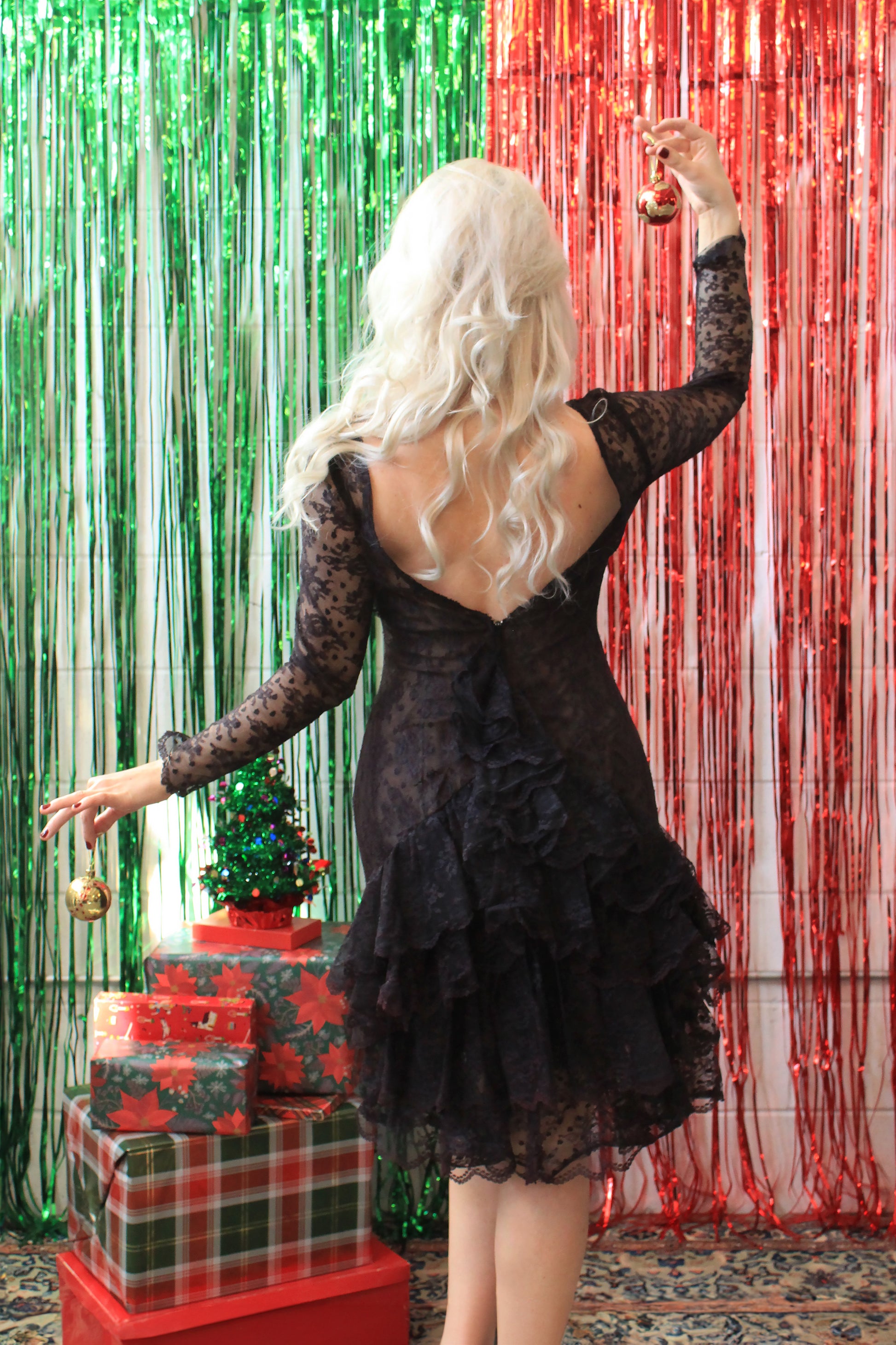 Vintage 1980s Victor Costa Black Lace Ruffle Dress, Small