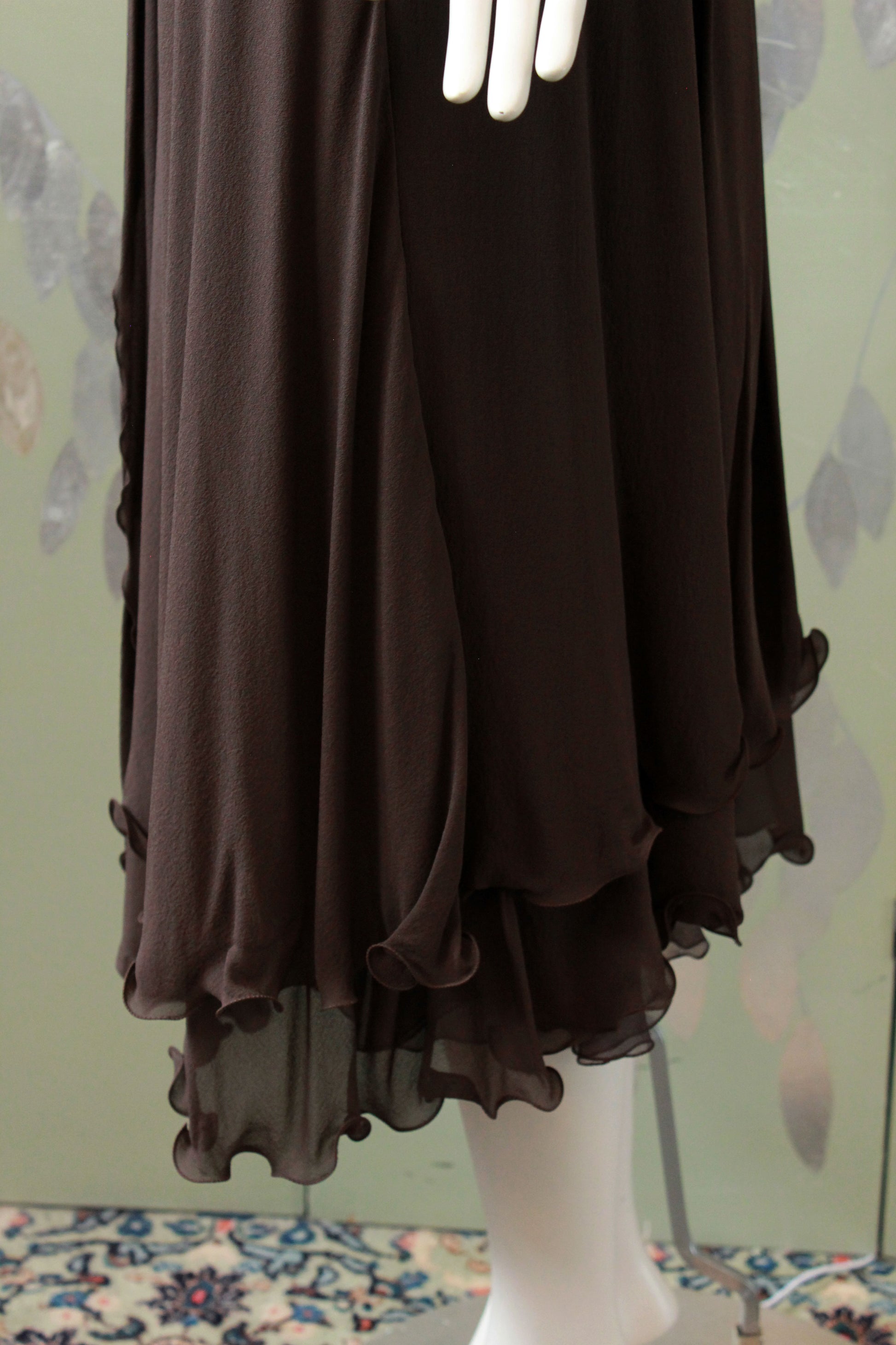 Vintage 1970s Brown PAULE NELSON Silk Chiffon Dress, Edwardian Inspired, XXS