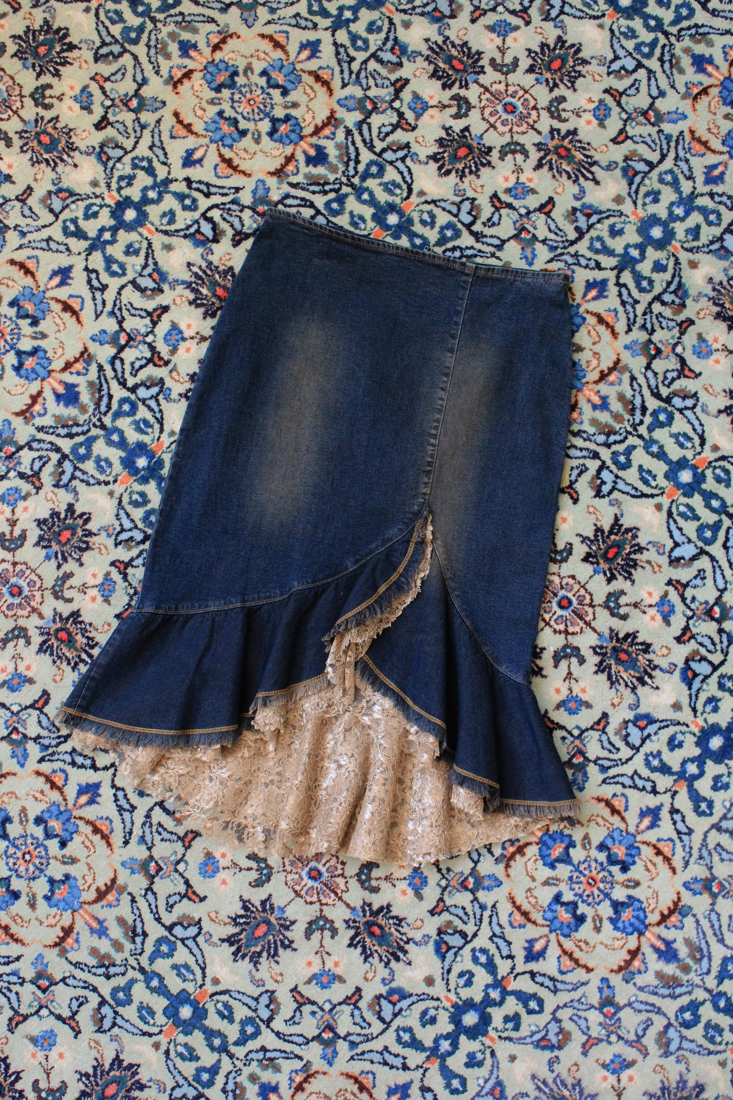 Early 2000 Denim Skirt With Lace Waterfall Hem , Large 