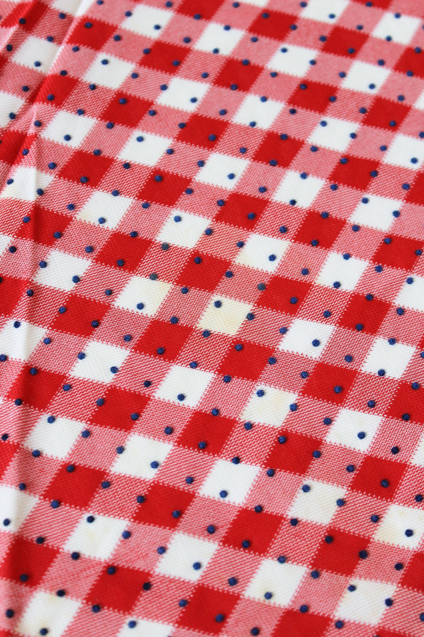 1960s Red And White Checkered Plaid With Blue Polka Dots Nylon Vintage Print Fabric, 3.8 Yards