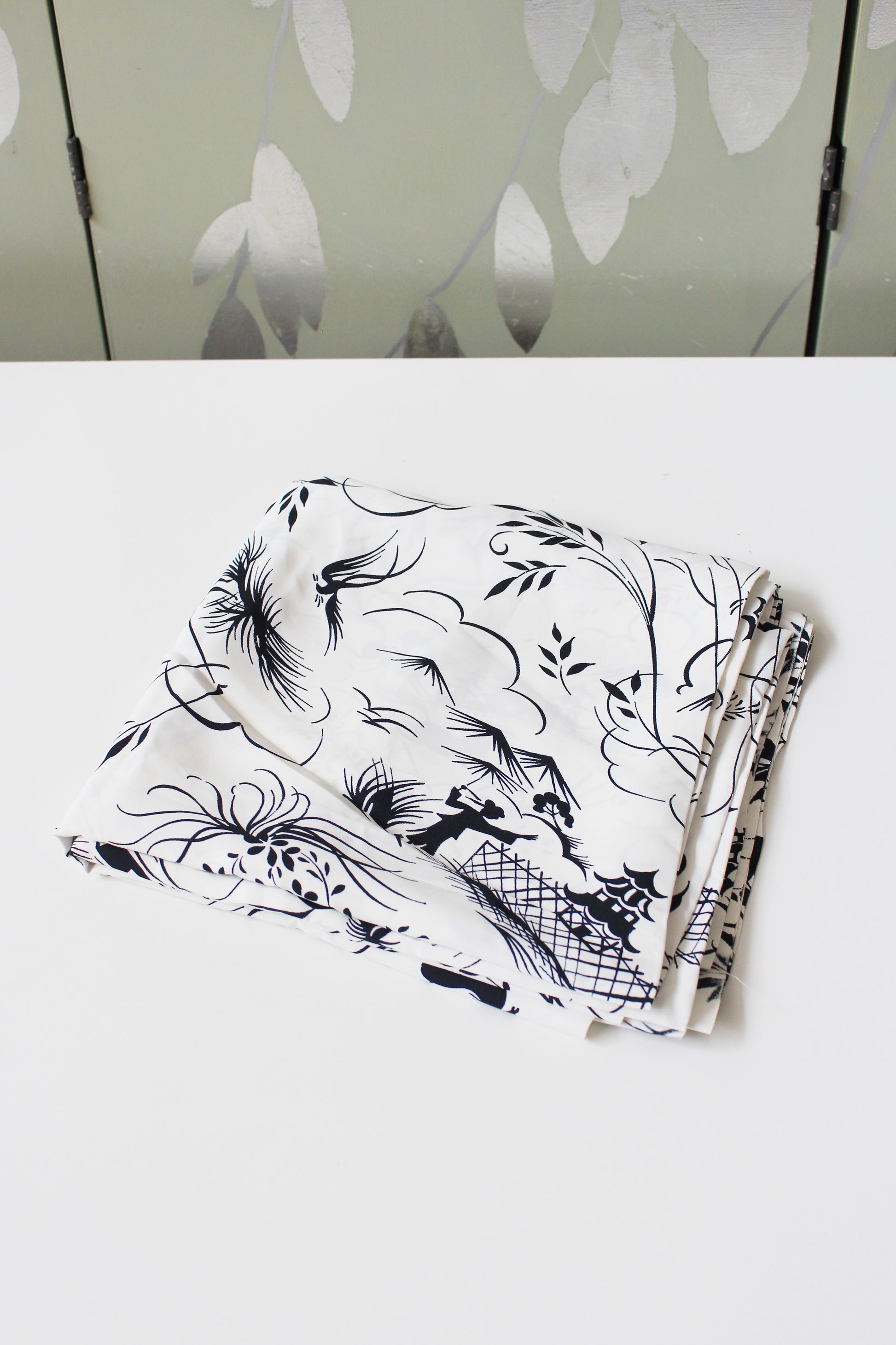 1940s Novelty Black And White Every Day Asian Countryside Print Rayon Sewing Fabric, 3.9 Yards