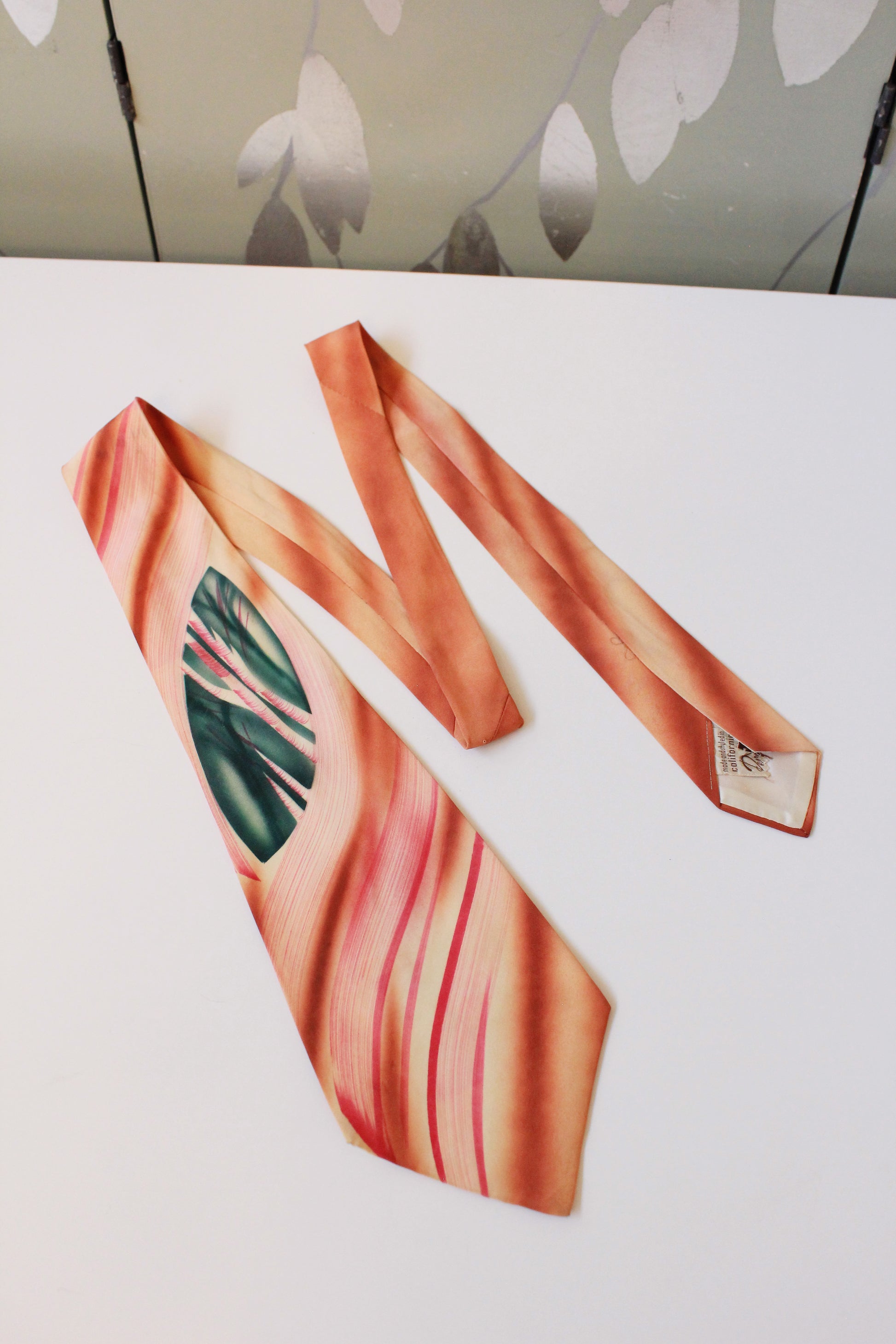 Vintage 1950s Orange and Green Leaf Hand Painted Rayon Tie