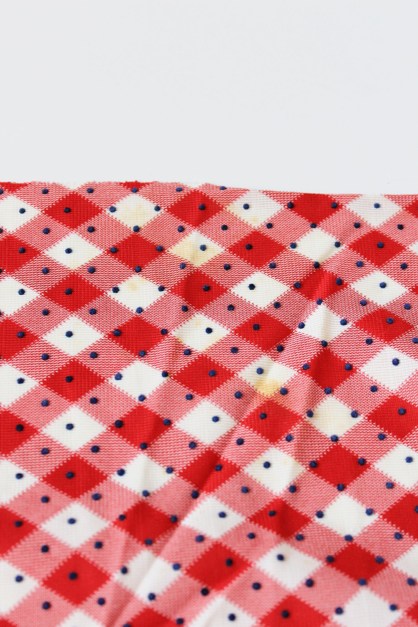 1960s Red And White Checkered Plaid With Blue Polka Dots Nylon Vintage Print Fabric, 3.8 Yards