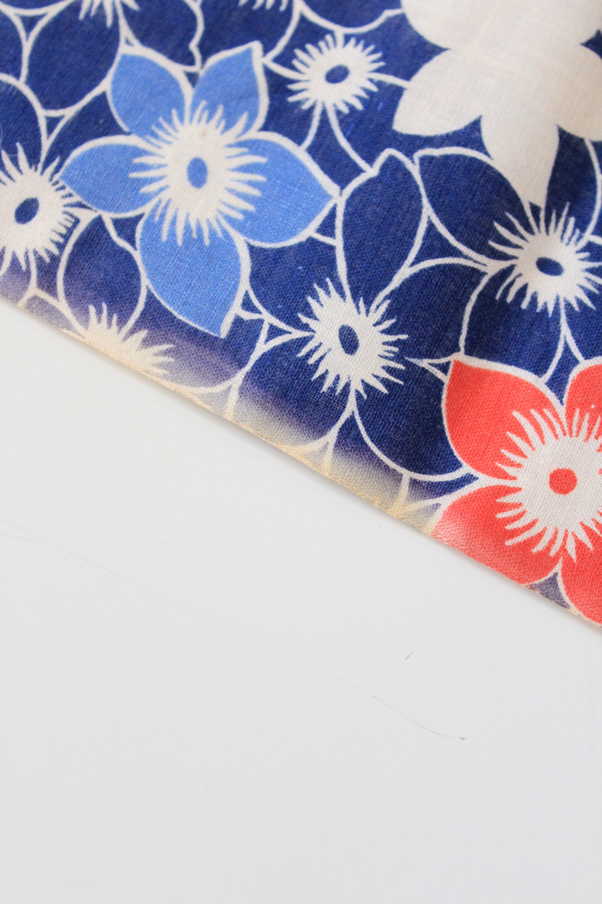 1940s Blue/White/Orange Repeating Flower Cotton Fabric, 6.75 Yards