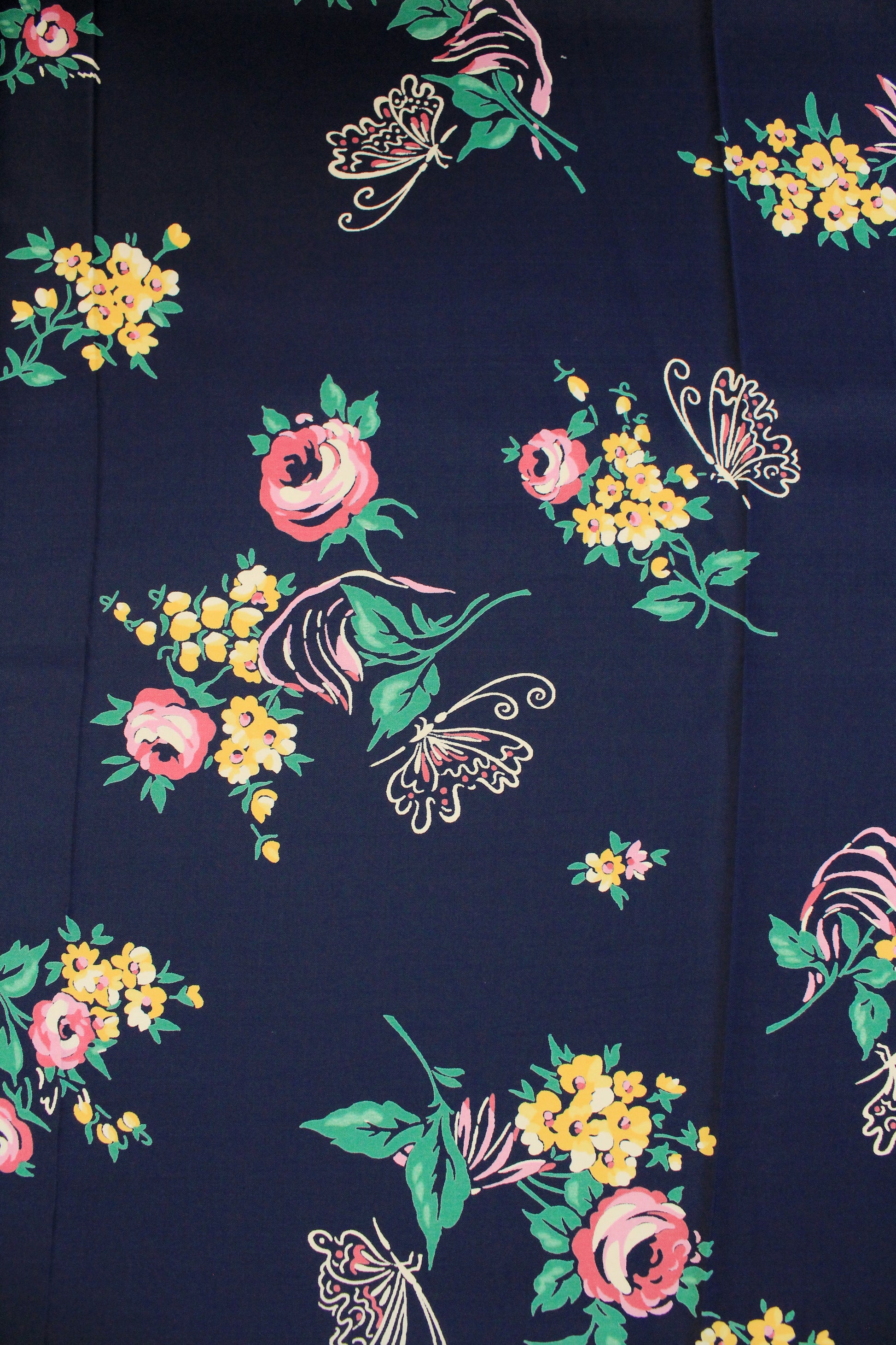 1940s Navy Blue Rayon Fabric With Pink And Yellow Flowers, 6 Yards