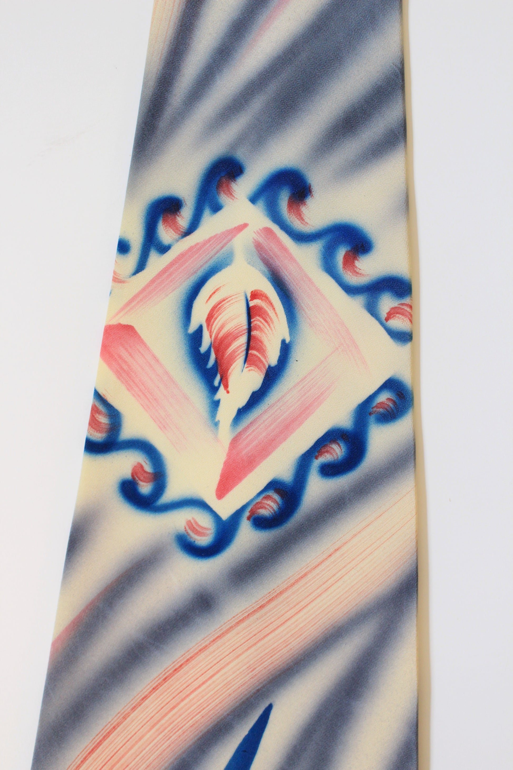 Vintage 1950s Grey/Pink/Blue Abstract Leaf Hand Painted Tie, Made In California