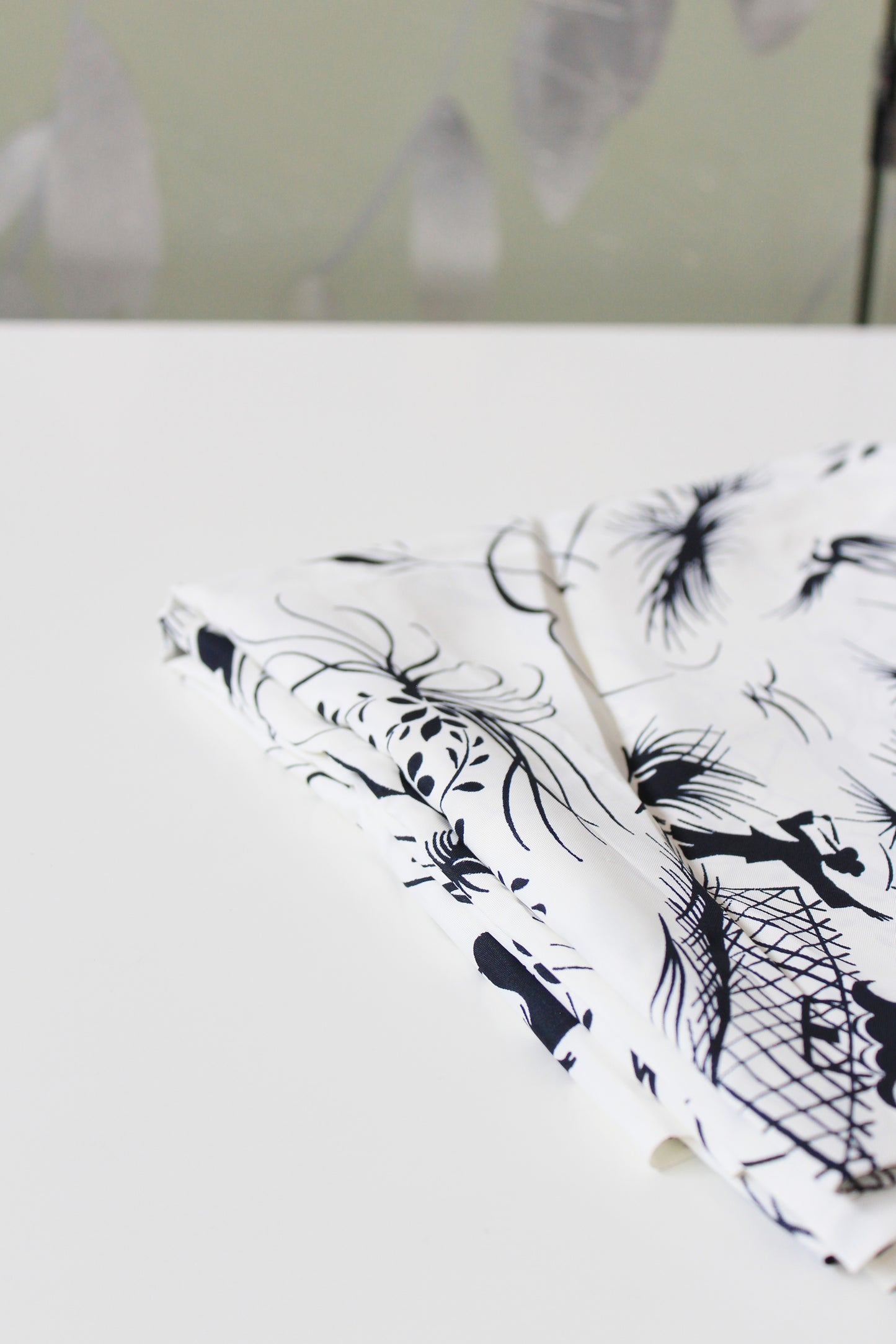 1940s Novelty Black And White Every Day Asian Countryside Print Rayon Sewing Fabric, 3.9 Yards