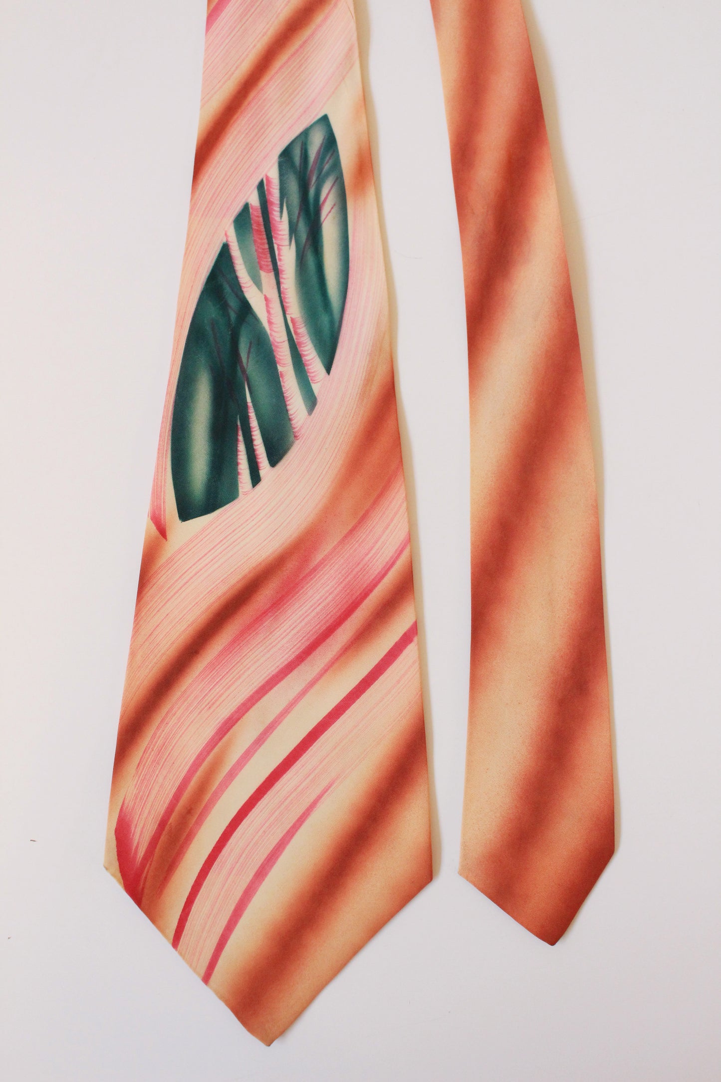 Vintage 1950s Orange and Green Leaf Hand Painted Rayon Tie