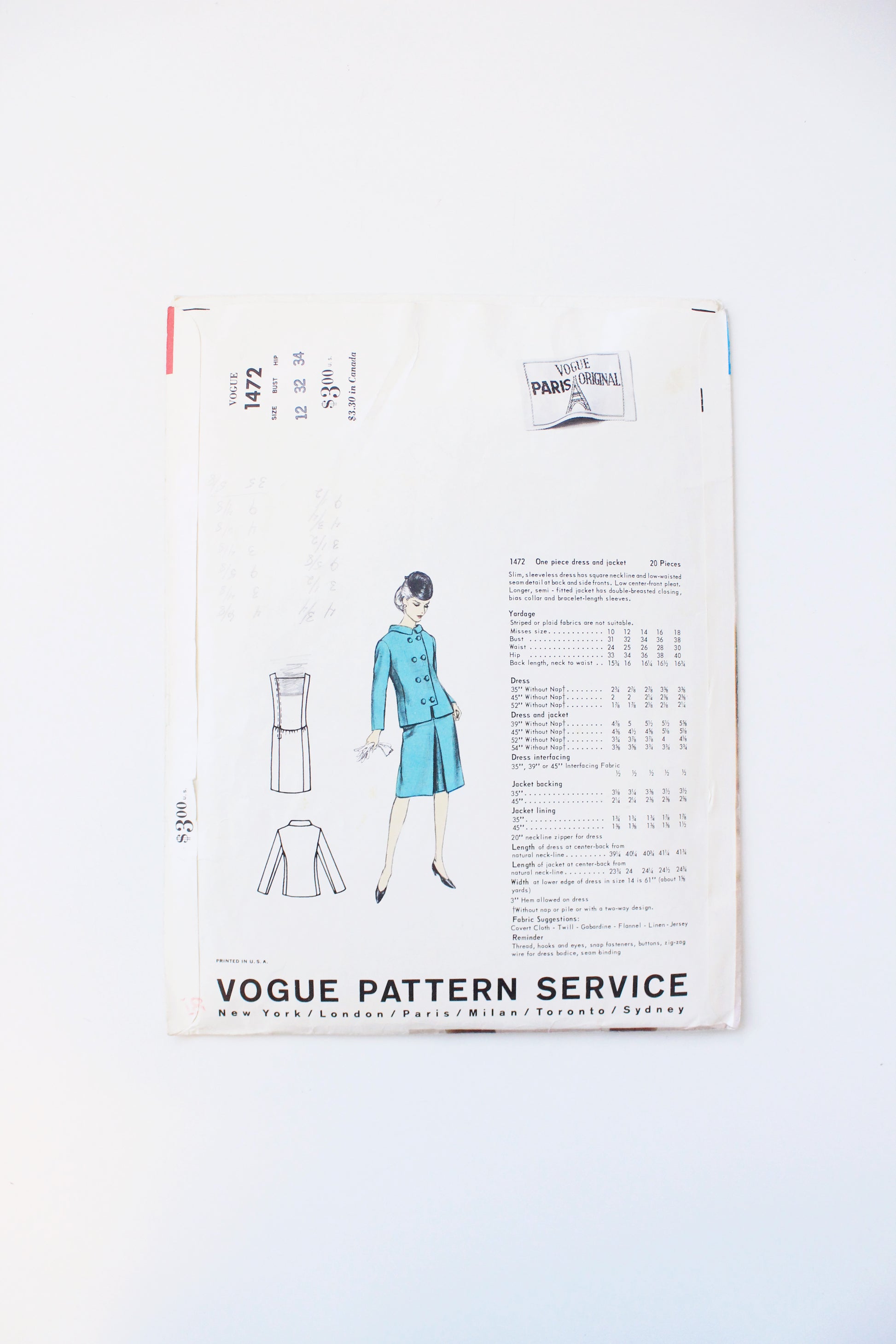 1960s One Piece Dress And Jacket Set Vogue Paris Original 1472 Sewing Pattern, Laroche, Cut-Complete Size 12