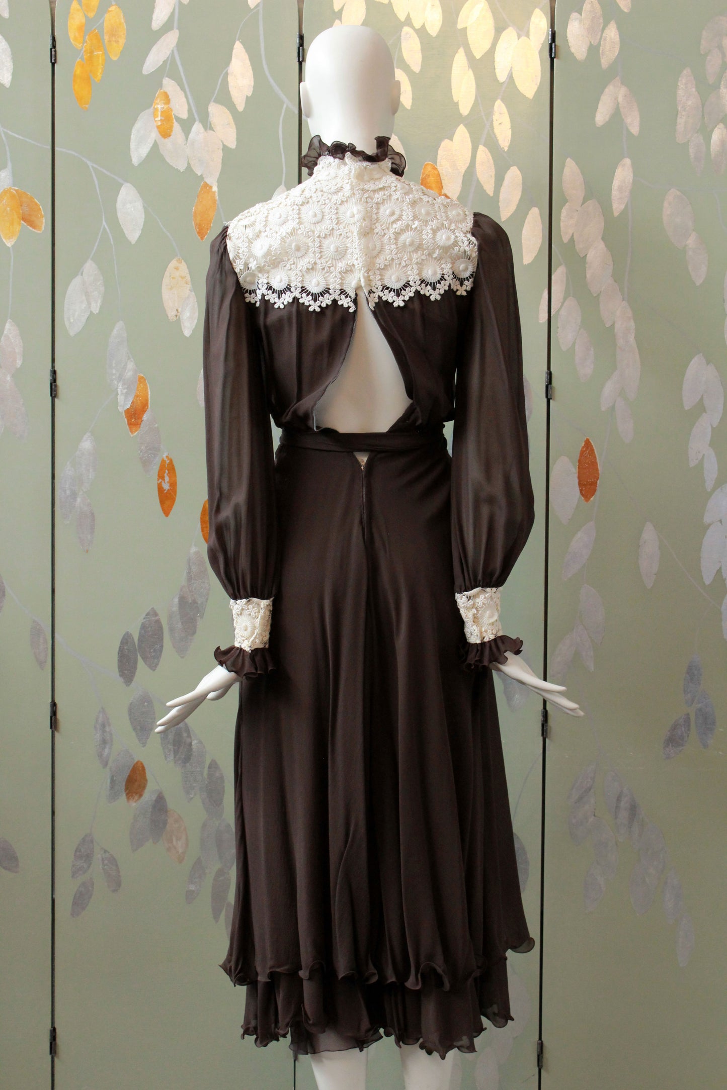 Vintage 1970s Brown PAULE NELSON Silk Chiffon Dress, Edwardian Inspired, XXS