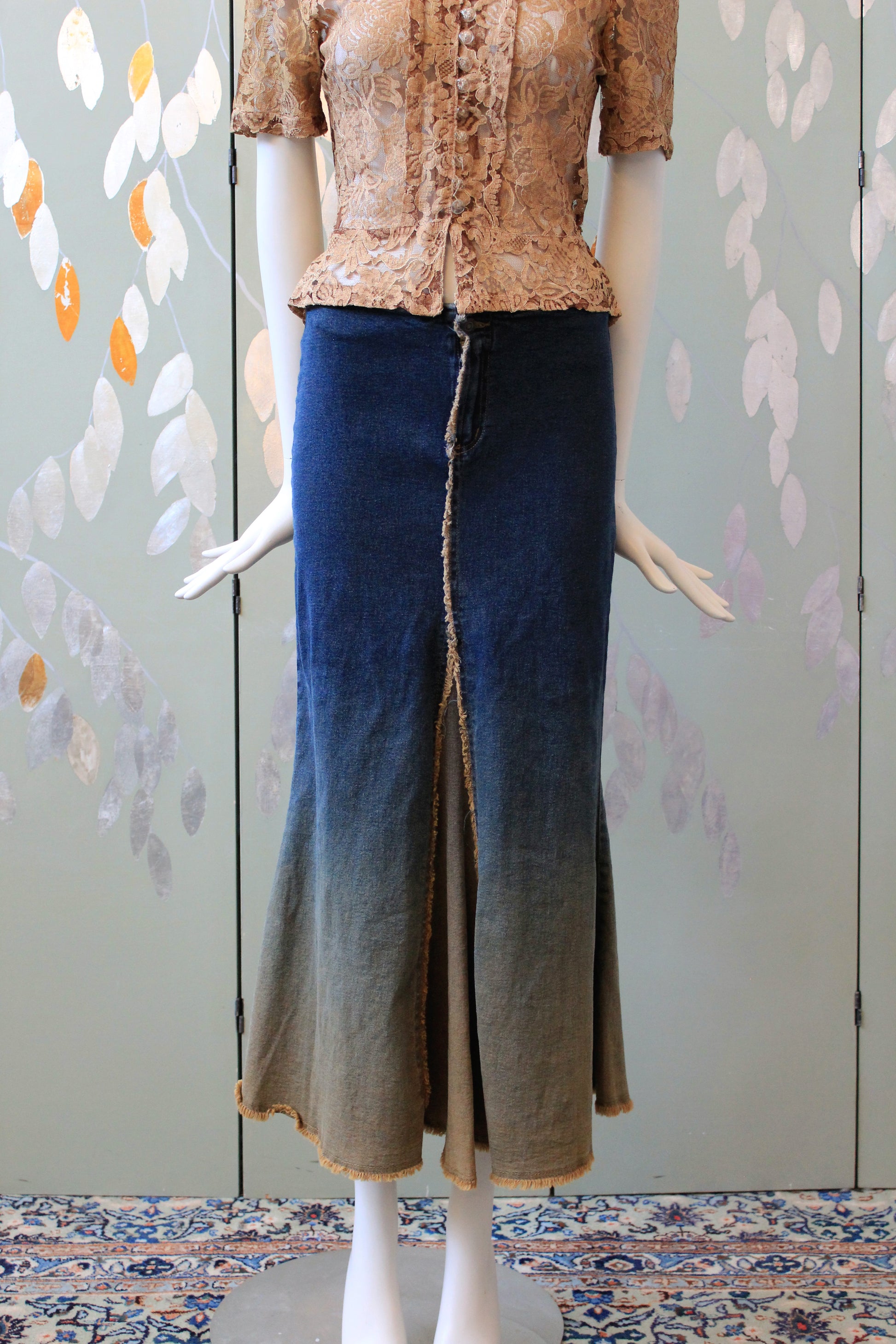 Early 2000s Dark Wash And Beige Ankle Length Skirt, Large