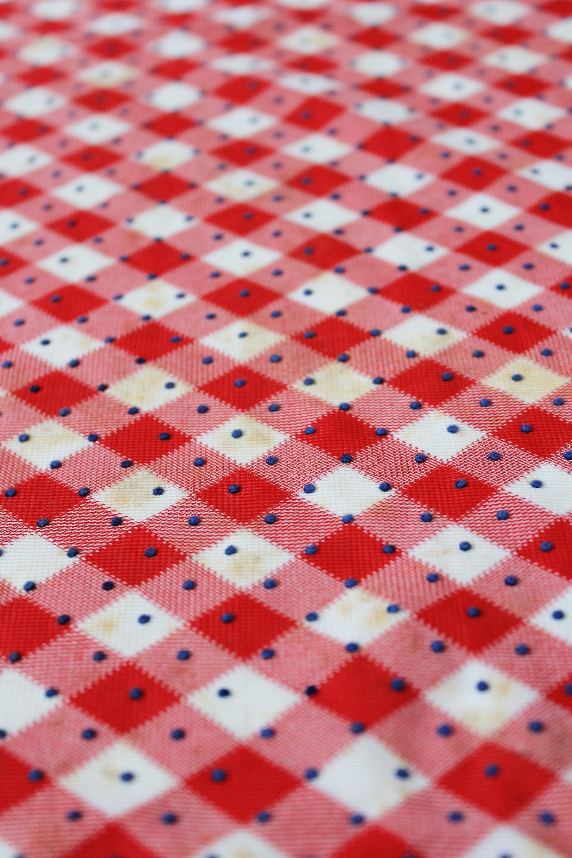 1960s Red And White Checkered Plaid With Blue Polka Dots Nylon Vintage Print Fabric, 3.8 Yards