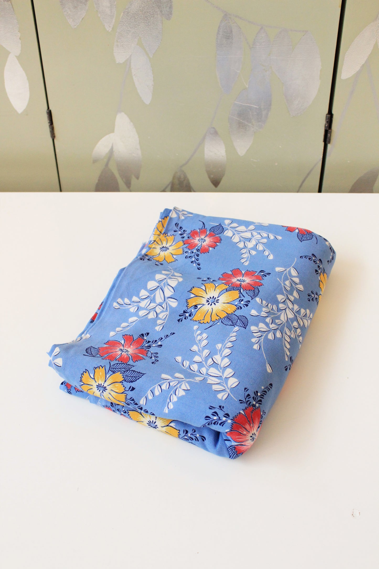 1940s Medium Blue With Red And Yellow Tropical Flowers, Rayon Fabric, 8 Yards