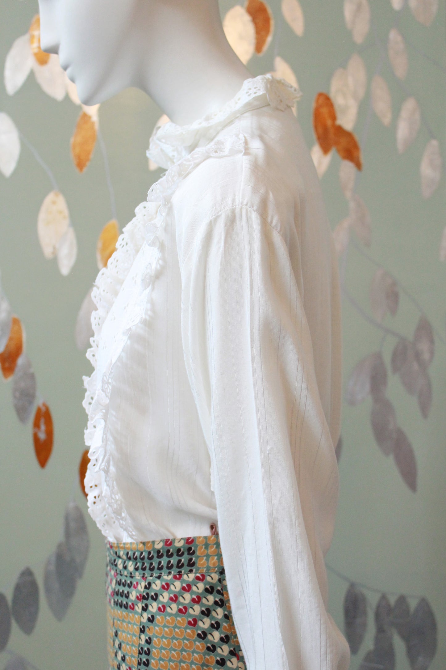1990s Long Sleeve Blouse With Oversized Ruffle Broderie Yoke, XL