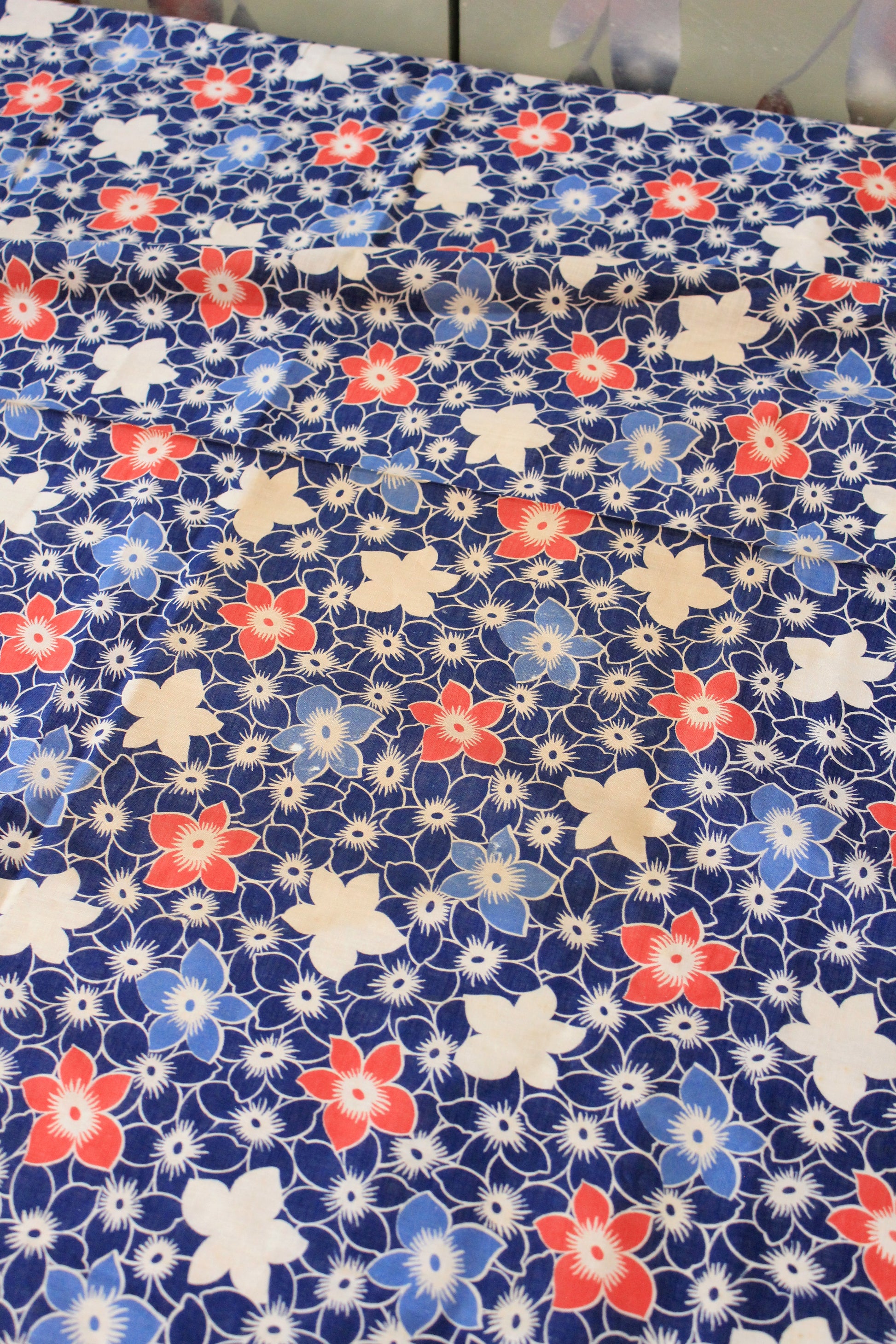 1940s Blue/White/Orange Repeating Flower Cotton Fabric, 6.75 Yards