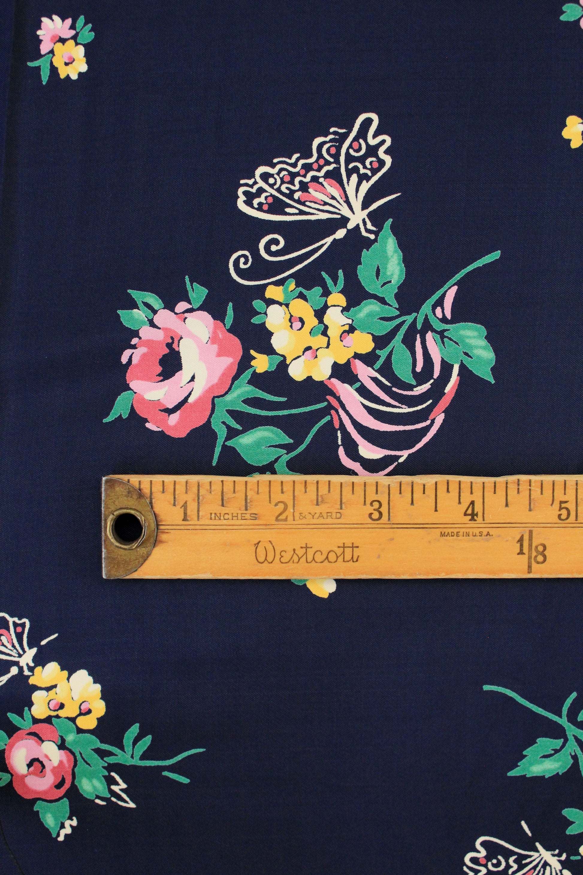 1940s Navy Blue Rayon Fabric With Pink And Yellow Flowers, 6 Yards