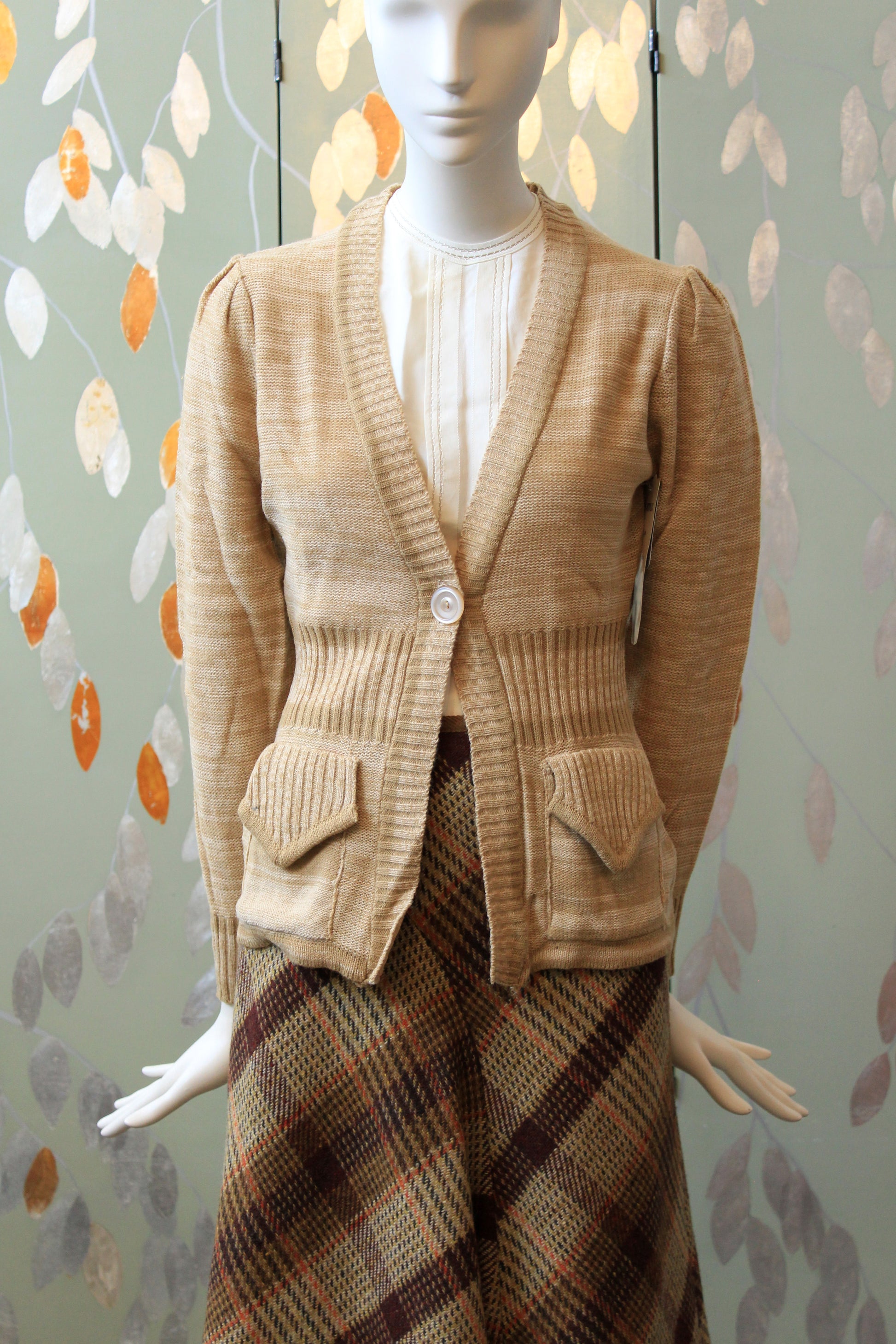 1980s Deadstock Cinched Waist Cream Cardigan, Medium and Large