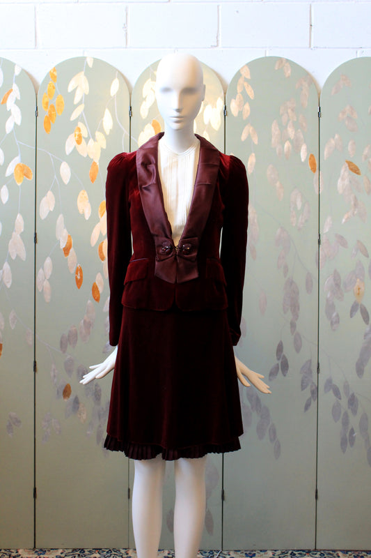 Early 2000s Burgundy Velvet Skirt Suit Set With Decorative Clasp, Small