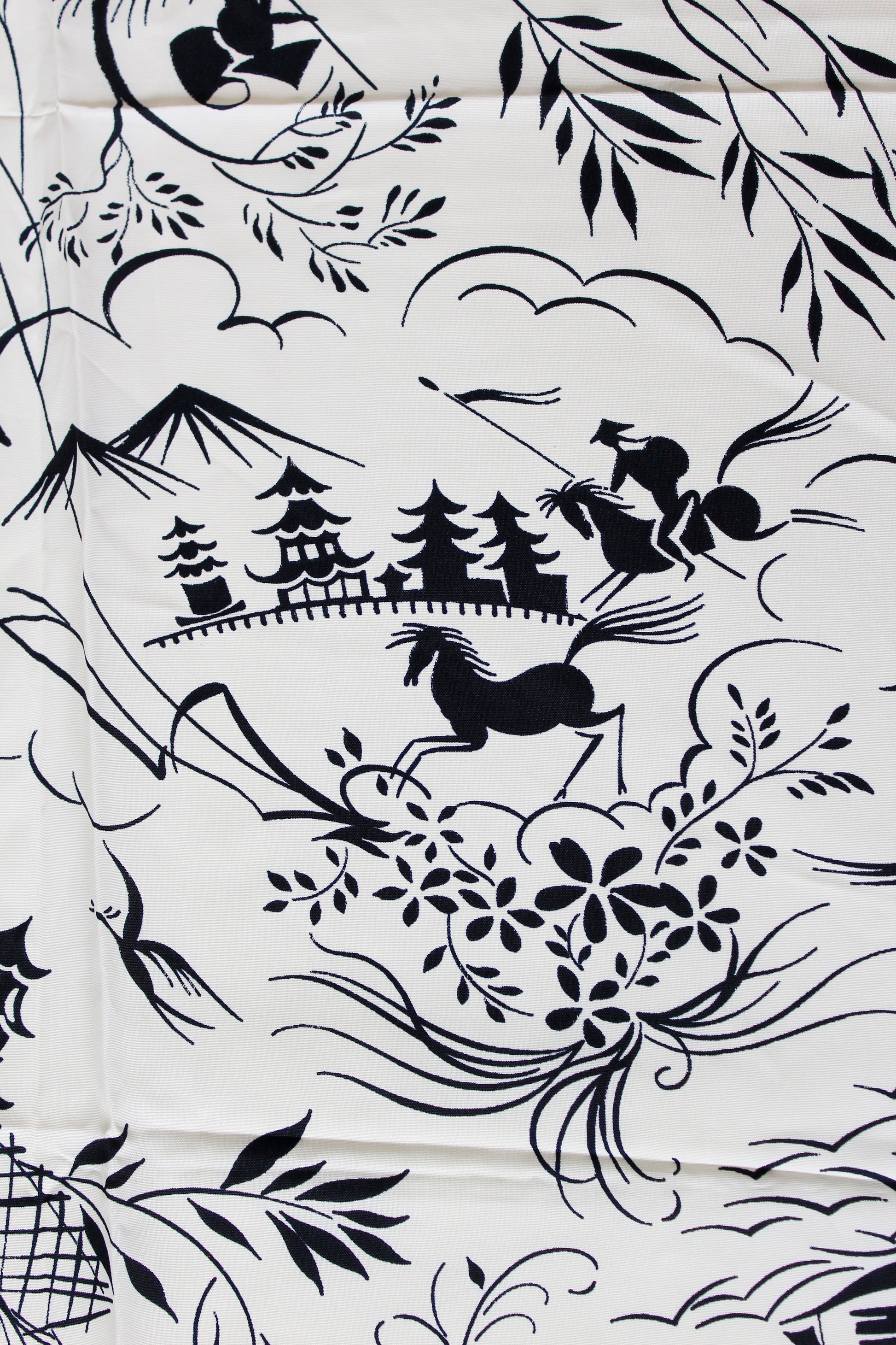 1940s Novelty Black And White Every Day Asian Countryside Print Rayon Sewing Fabric, 3.9 Yards