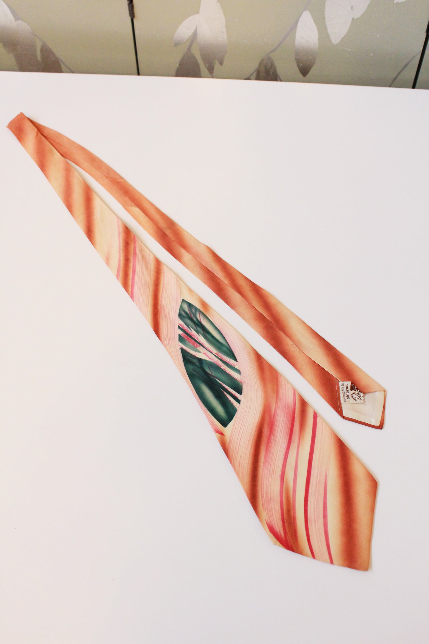 Vintage 1950s Orange and Green Leaf Hand Painted Rayon Tie