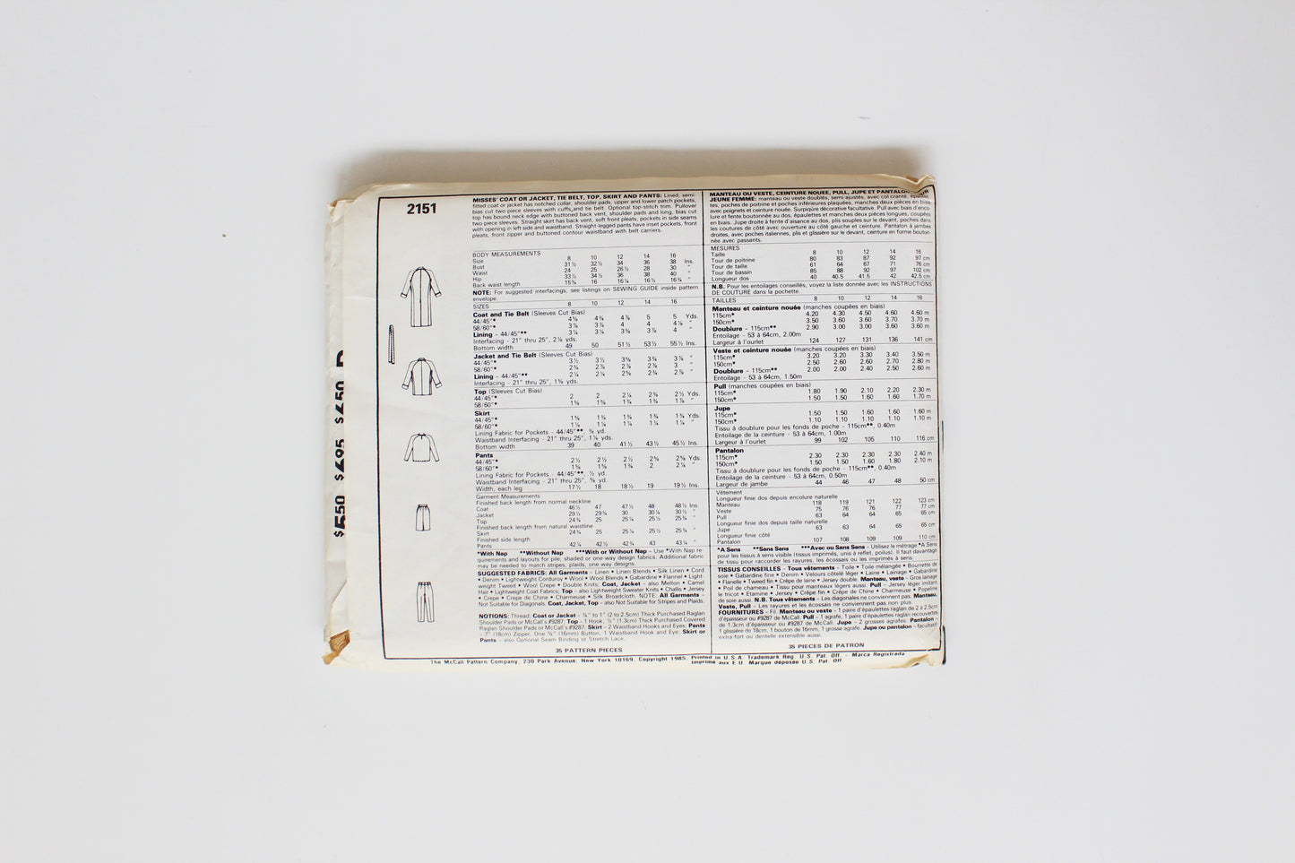 1980s Coat/Jacket With Matching Pants/Skirt McCall's 2151 Sewing Pattern, Uncut Size 8