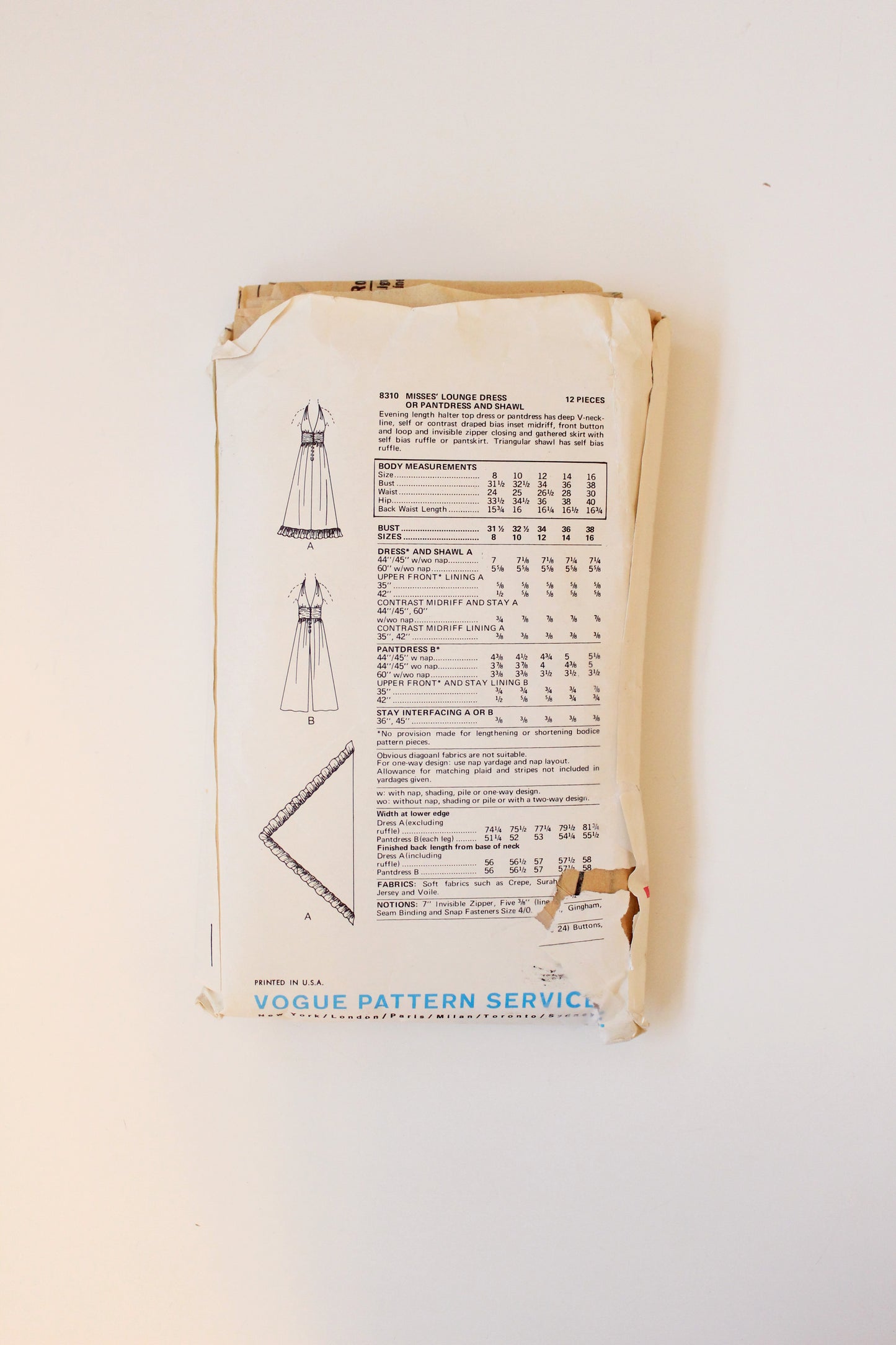 1970s Deep V Dress Vogue 8310 Sewing Pattern, Complete, Multiple Size 10 and 12