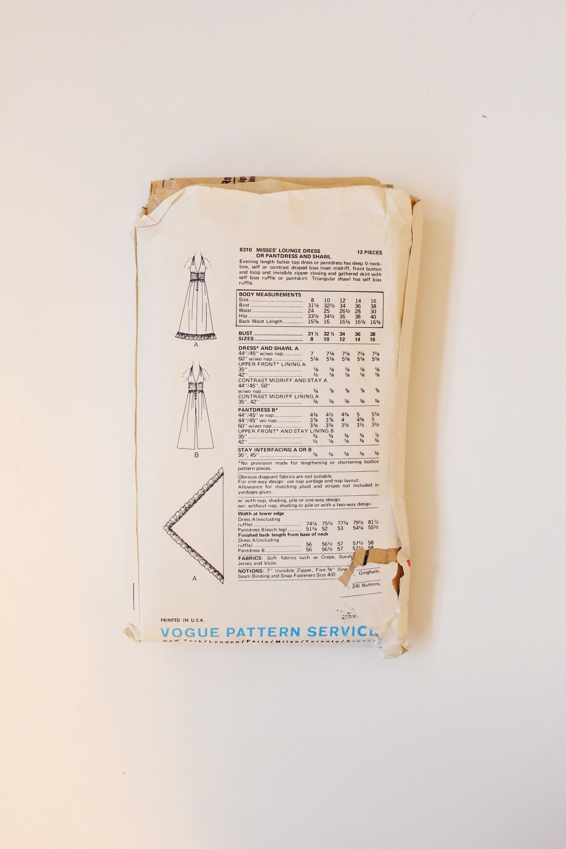 1970s Deep V Dress Vogue 8310 Sewing Pattern, Complete, Multiple Size 10 and 12