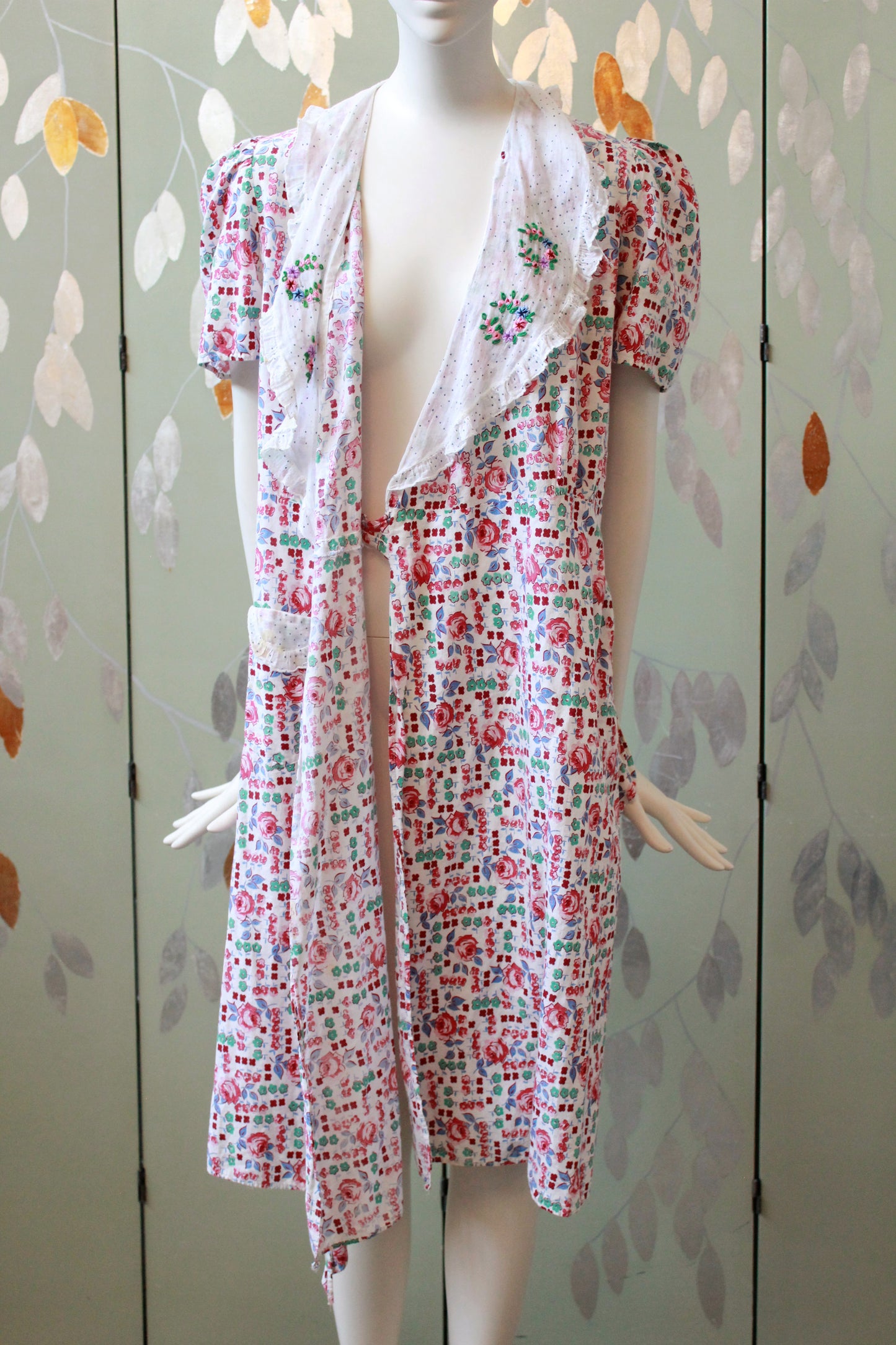 1940s  Floral Cotton Wrap House Dress With Embroidery, Medium