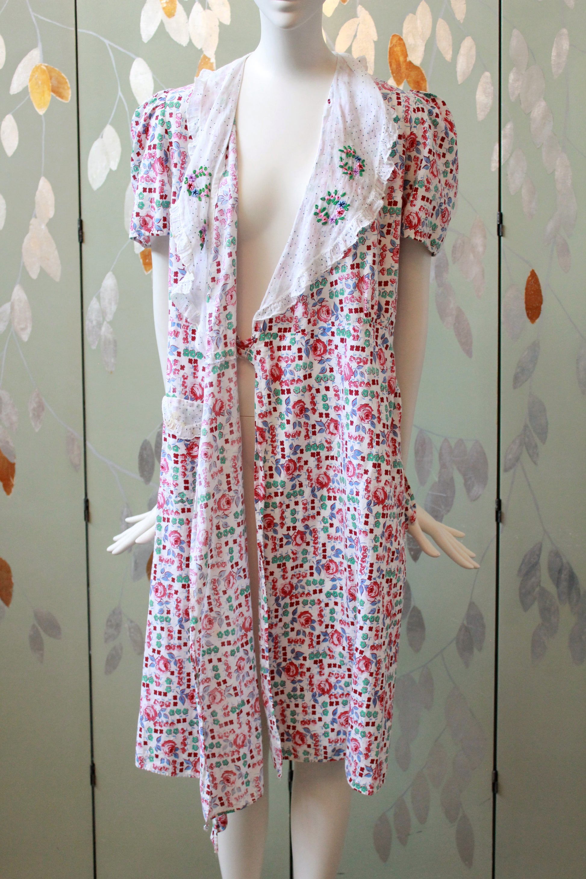 1940s  Floral Cotton Wrap House Dress With Embroidery, Medium