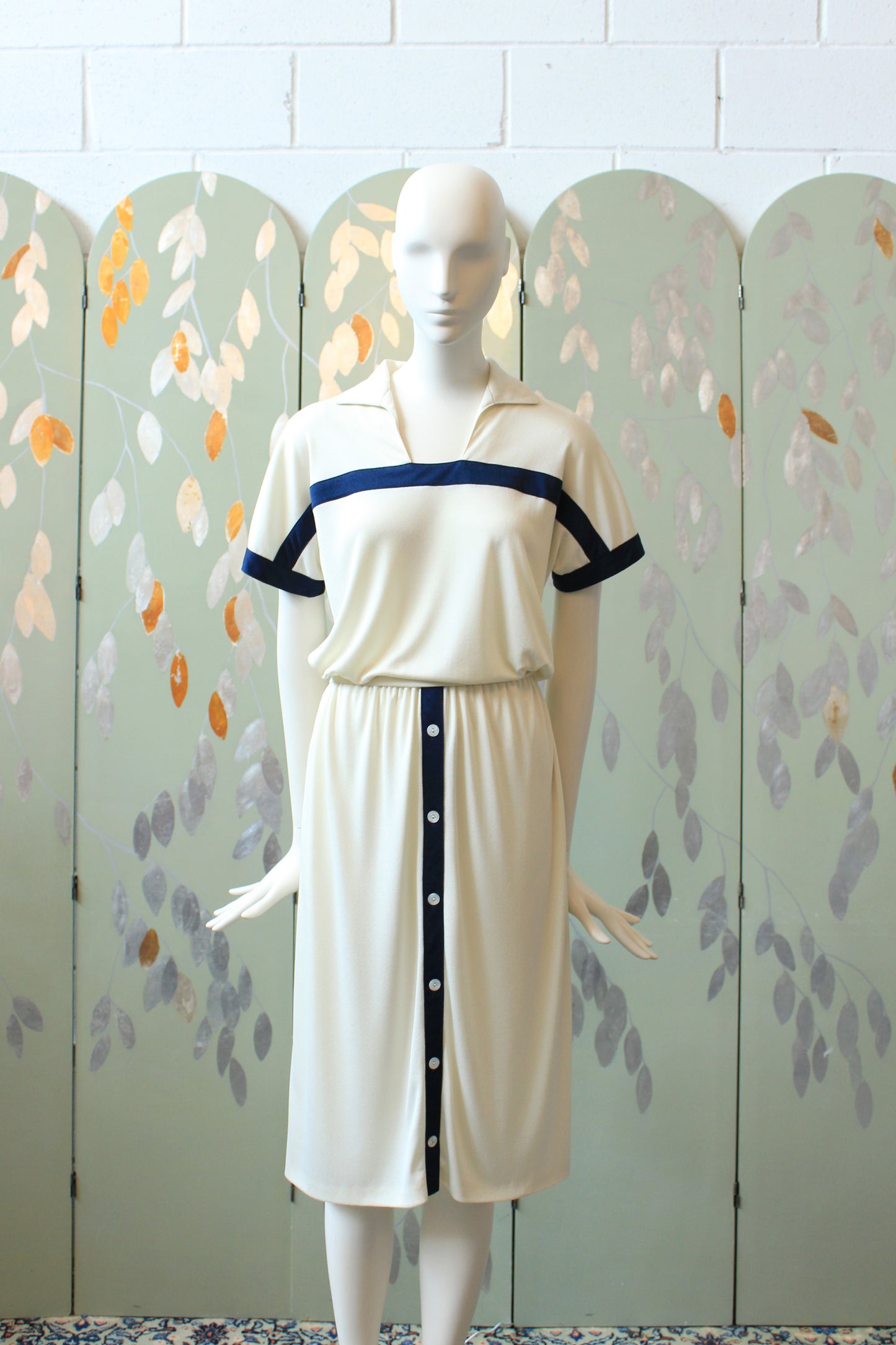 1980s Cream Short Sleeve Nautical Inspired Dress With Elastic Waist, Medium