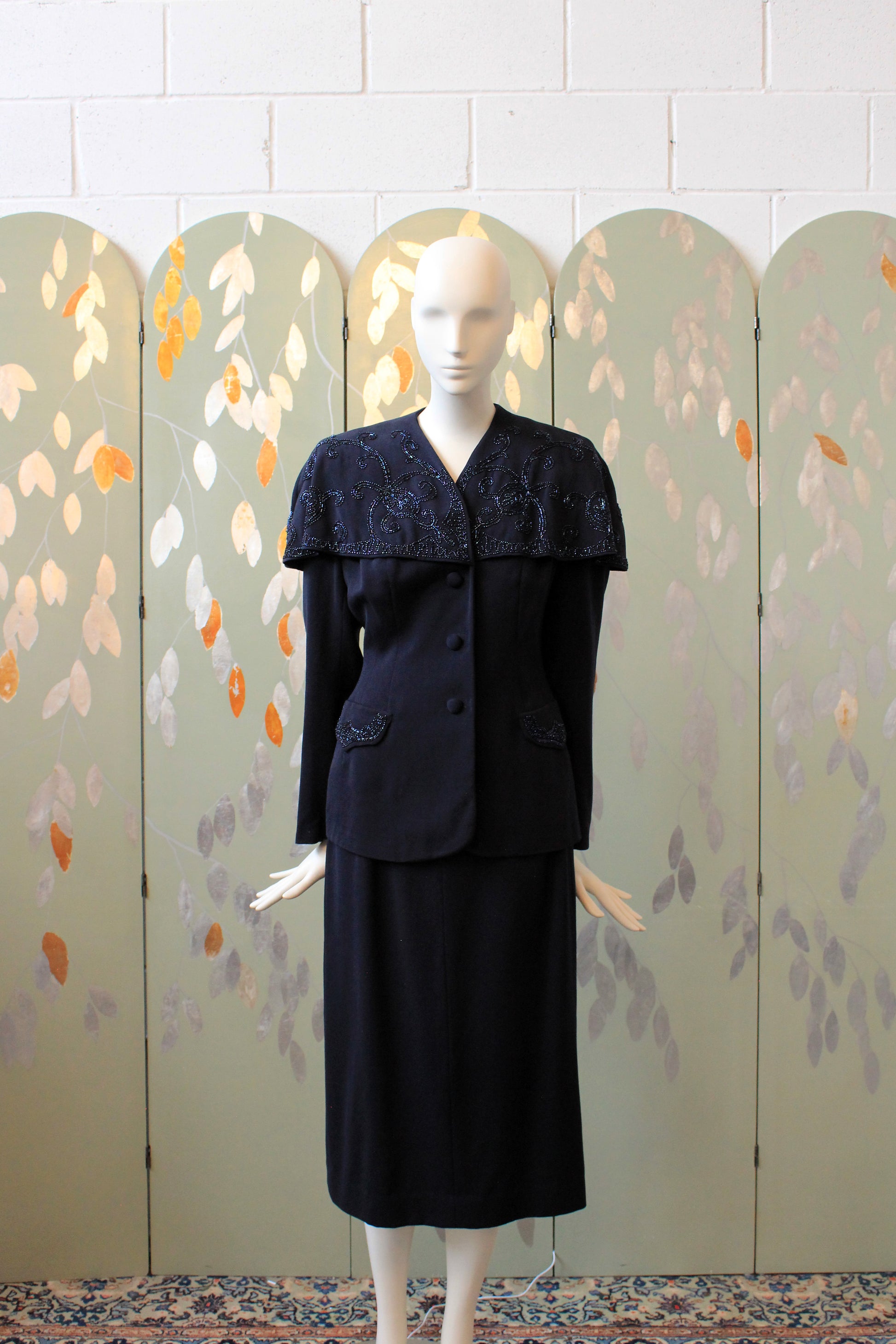 Vintage 1950s Post War Navy Blue Beaded Capelet Wool Skirt Suit Set, XS