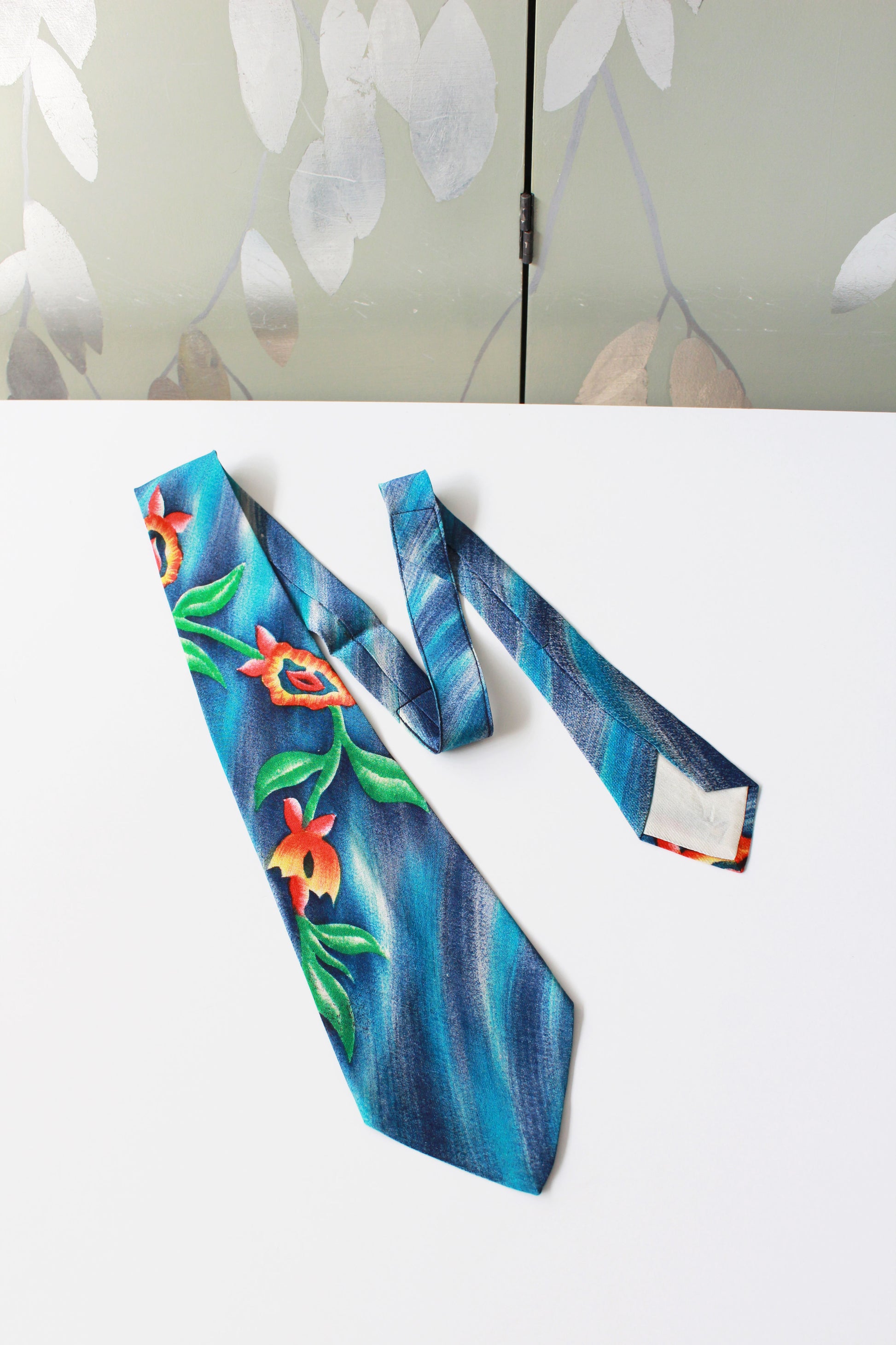 Vintage 1950s Bright Blue And Colourful Flowers Hand Painted Tie