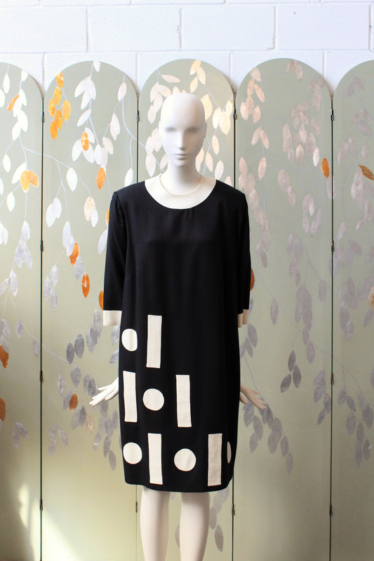 1980s Black and White Graphic Square And Circle Shift Dress, Medium
