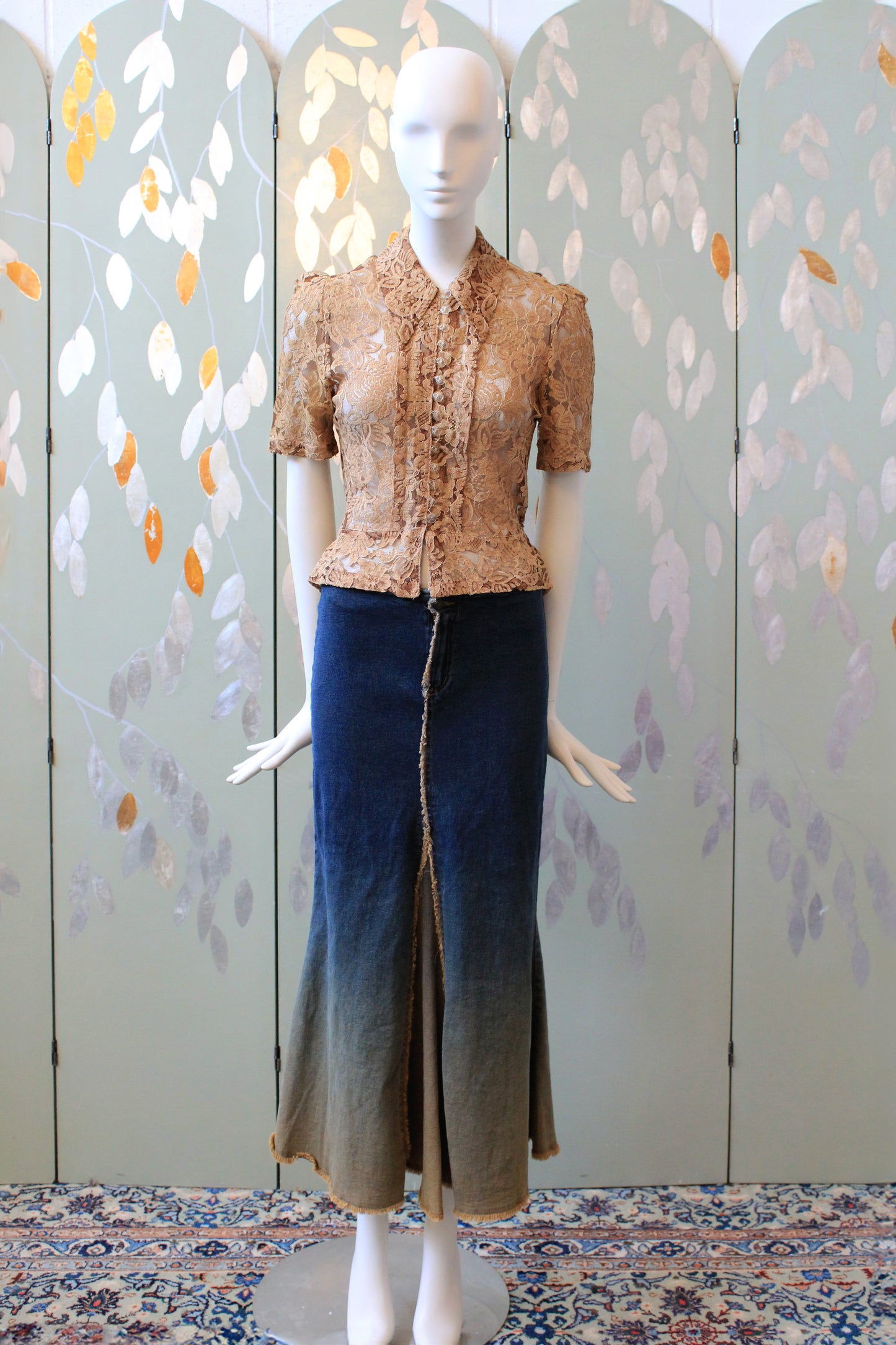 Early 2000s Dark Wash And Beige Ankle Length Skirt, Large
