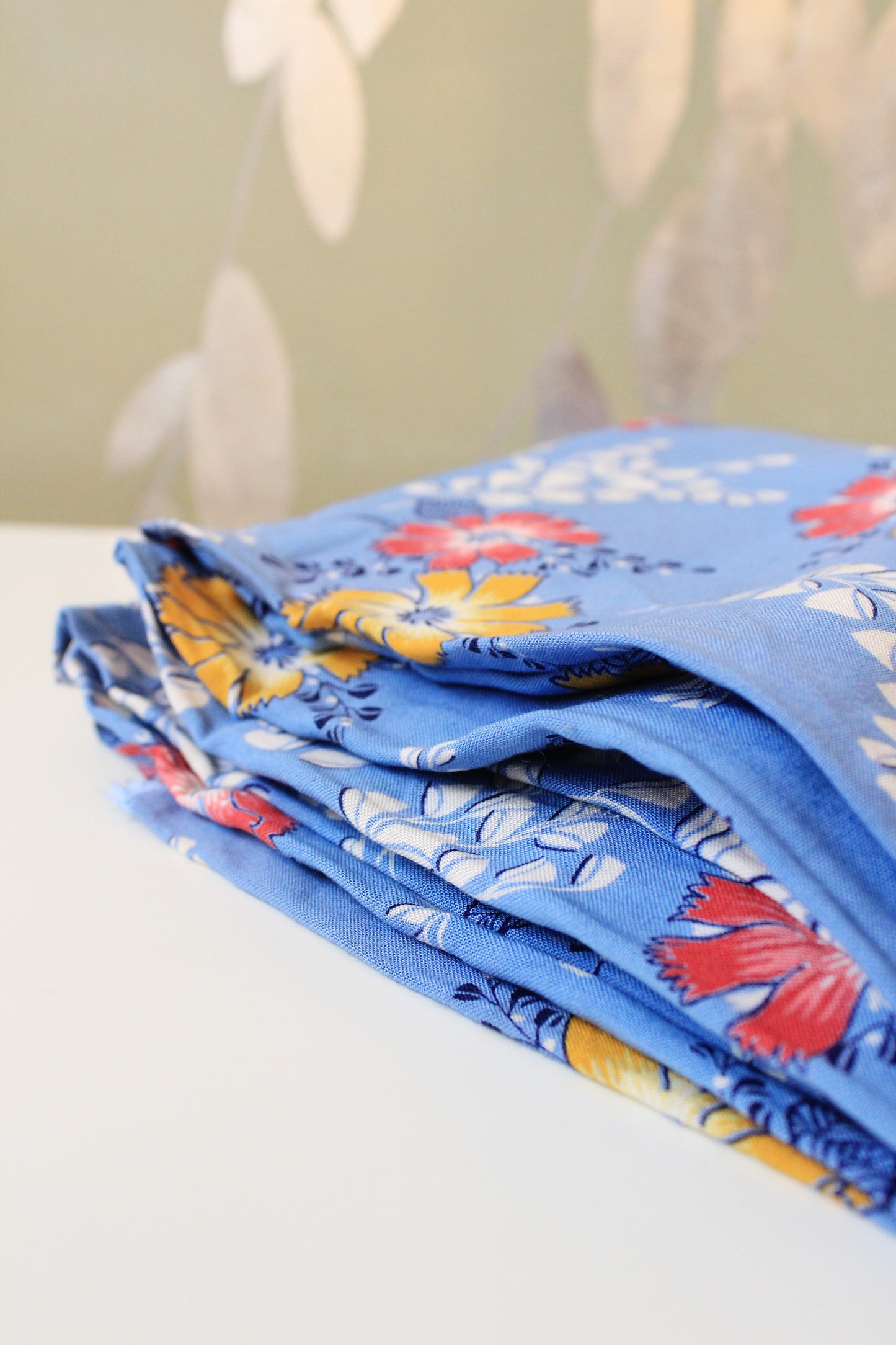 1940s Medium Blue With Red And Yellow Tropical Flowers, Rayon Fabric, 8 Yards