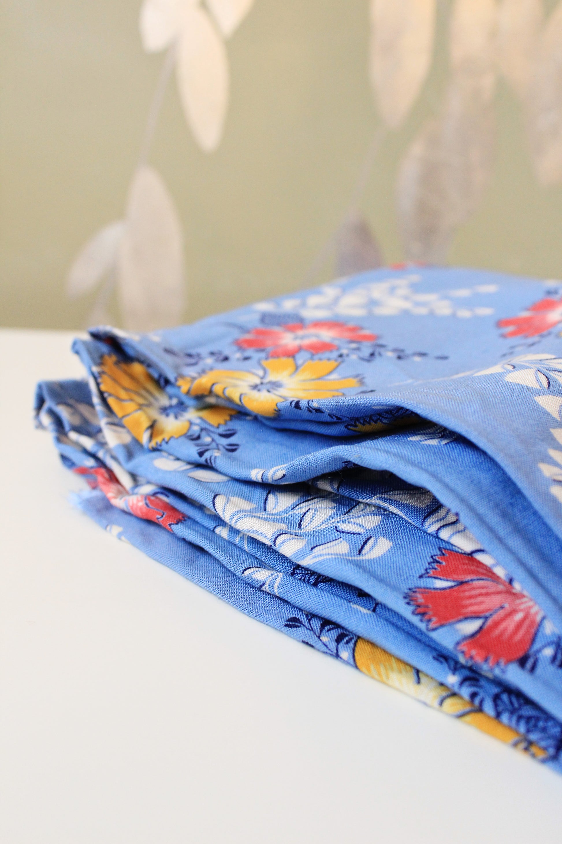 1940s Medium Blue With Red And Yellow Tropical Flowers, Rayon Fabric, 8 Yards