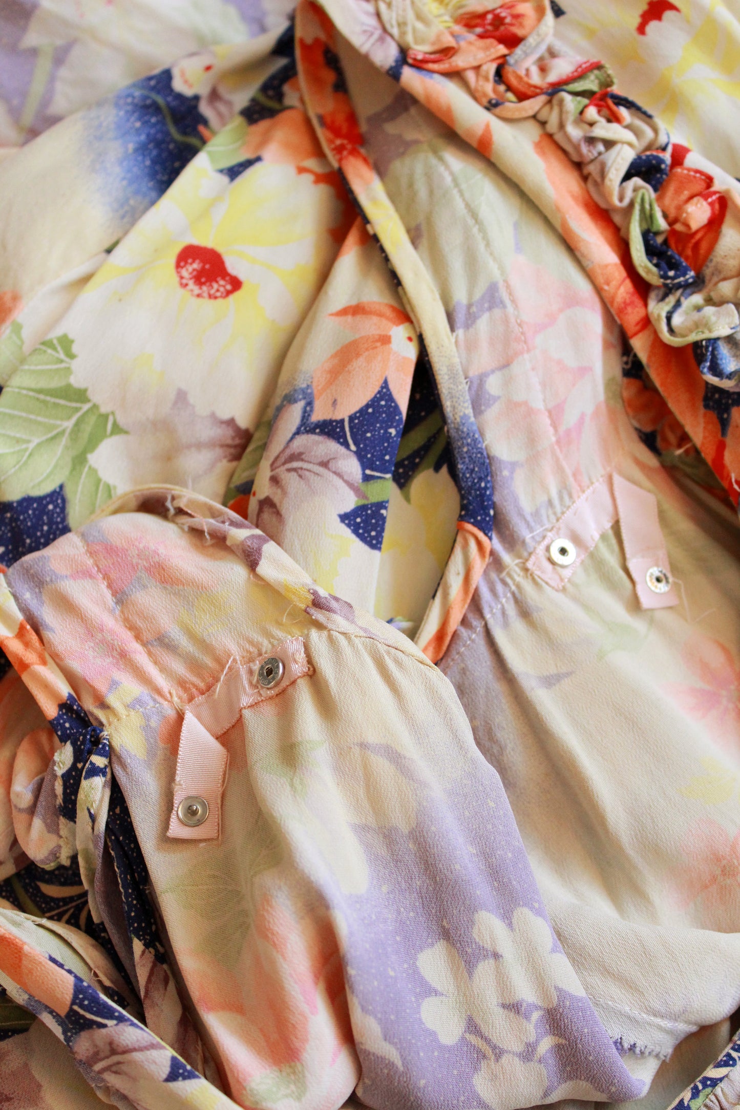 1930s Bias Cut Yellow And Orange Floral Gown With Train, Small
